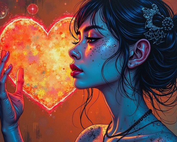 Portrait of a Young Woman with Heart Motif Background