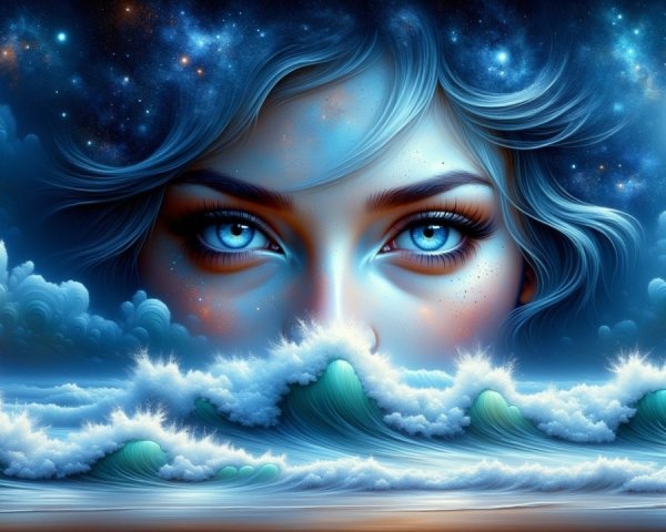 Mystical Close-Up of a Woman's Face with Blue Eyes