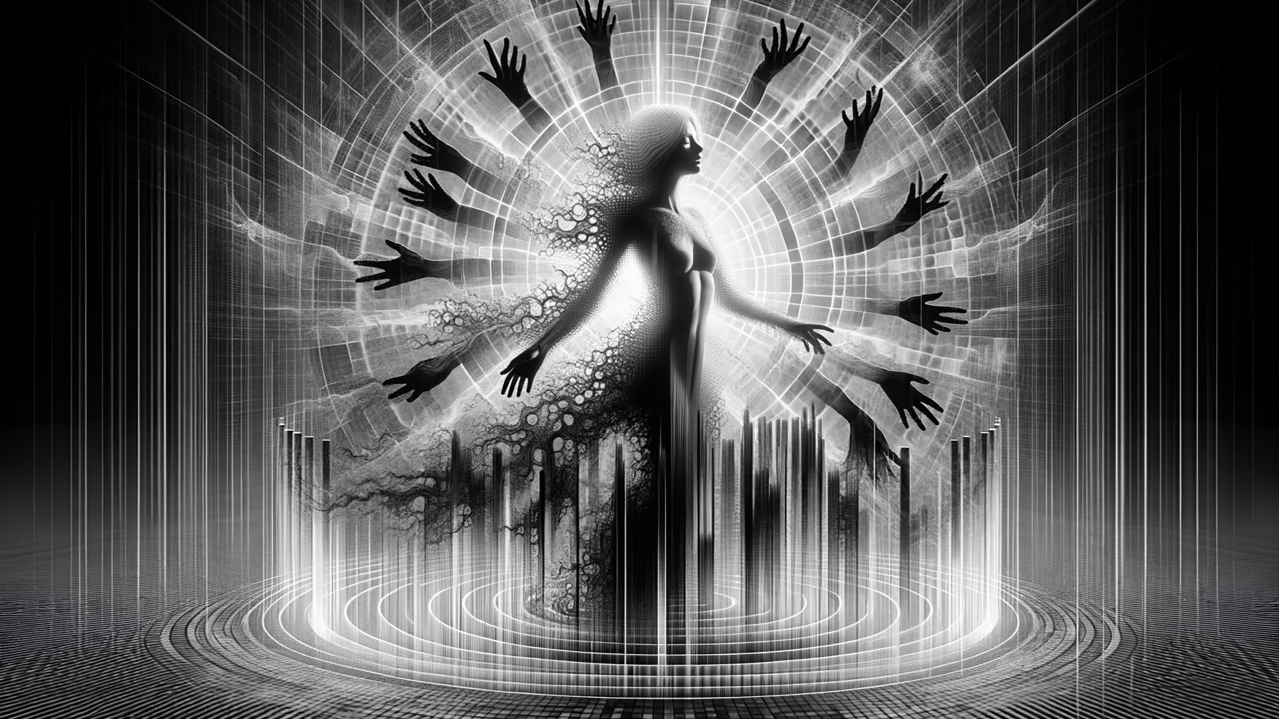 Silhouette Surrounded by Reaching Hands and Light Waves