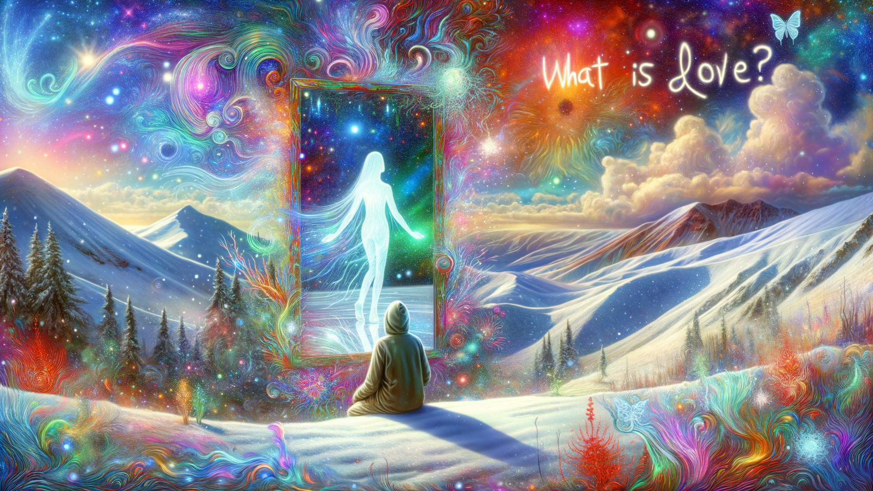 Surreal Mountain Scene with Cosmic Mirror Reflection
