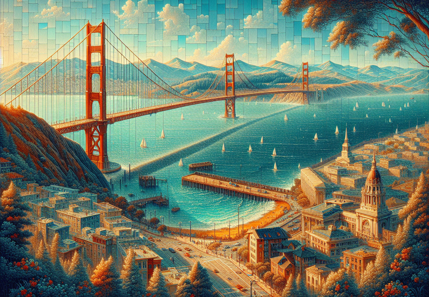 Vibrant Landscape Featuring Golden Gate Bridge and Bay