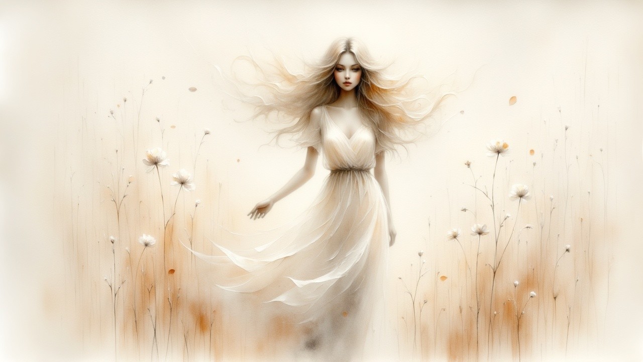 Ethereal figure in white gown among delicate flowers