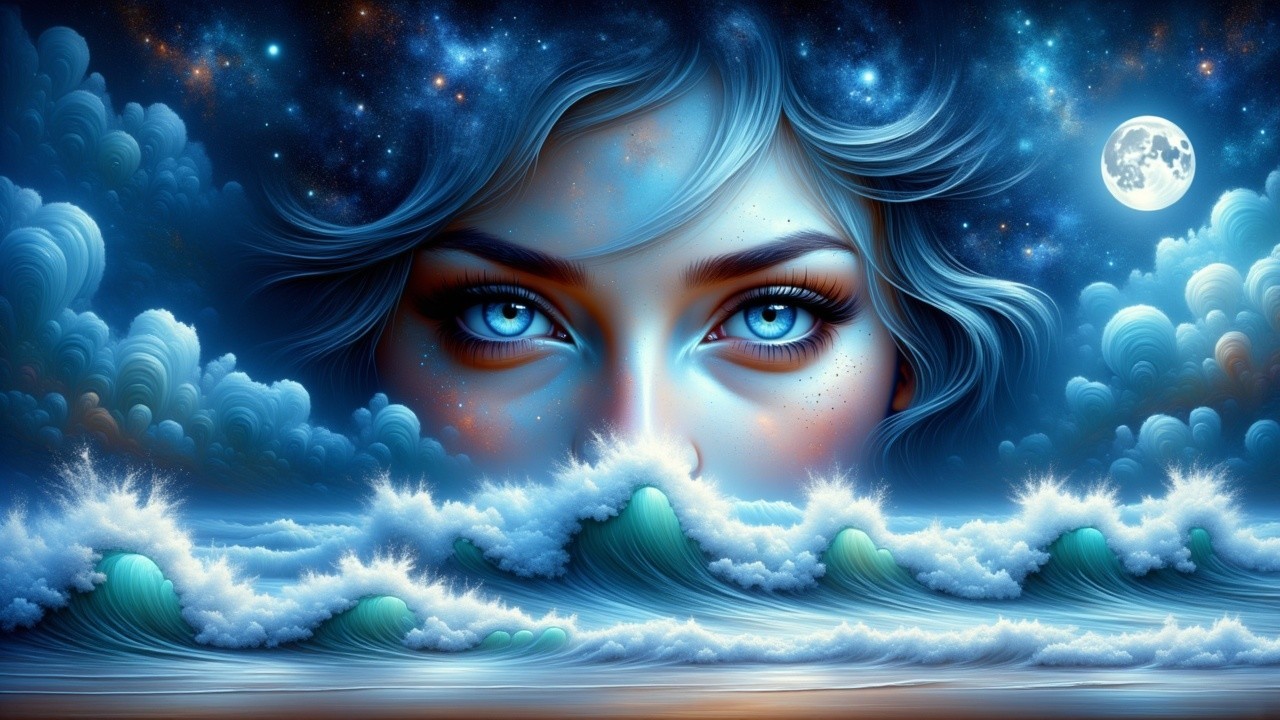 Mystical Close-Up of a Woman's Face with Blue Eyes