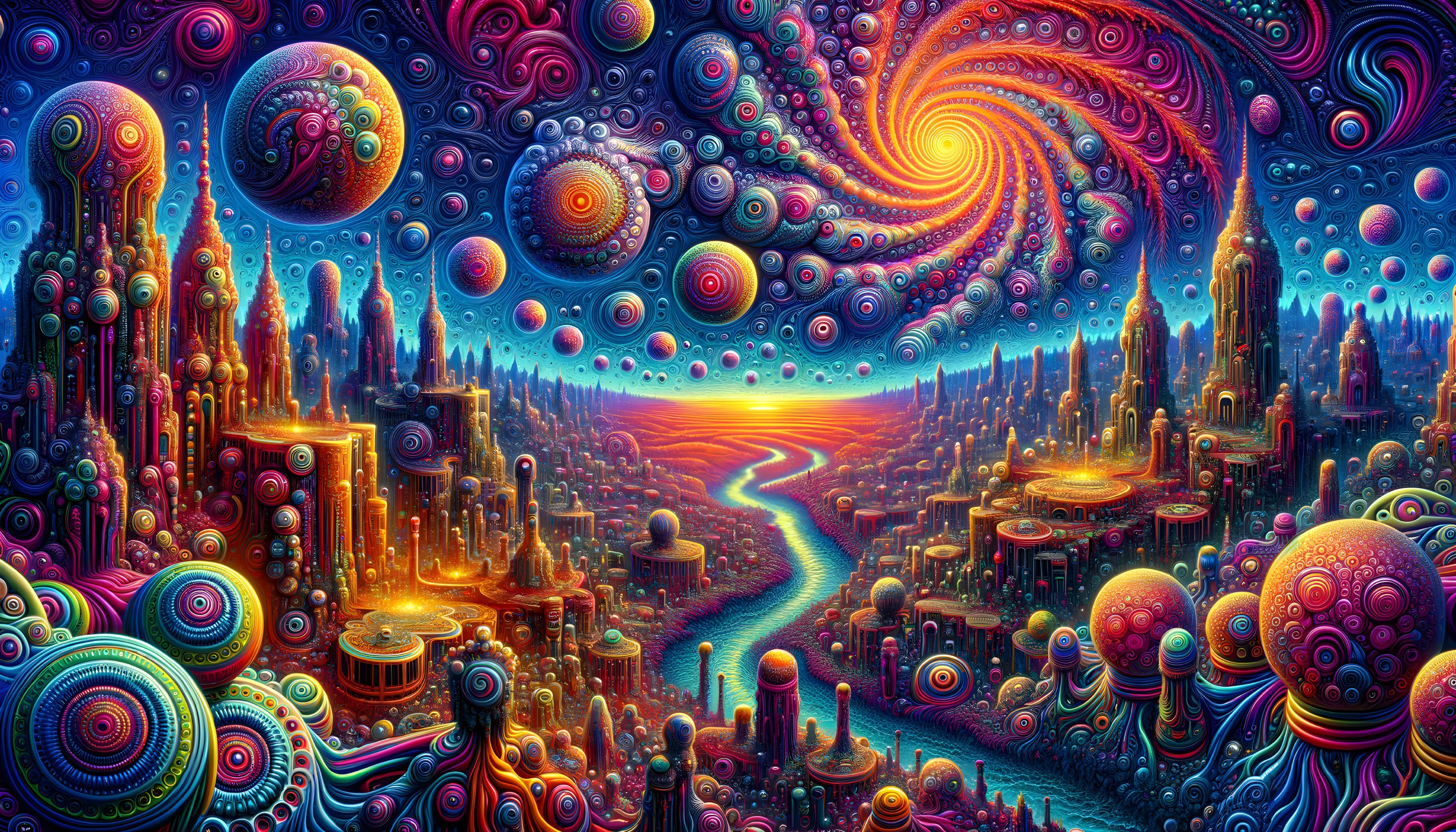 Colorful Psychedelic Landscape with Swirling Patterns