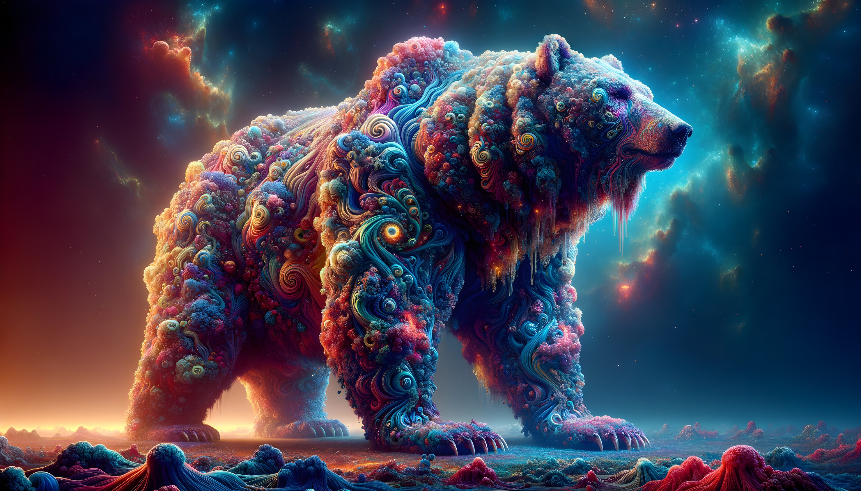 Colorful surreal bear in cosmic swirls.