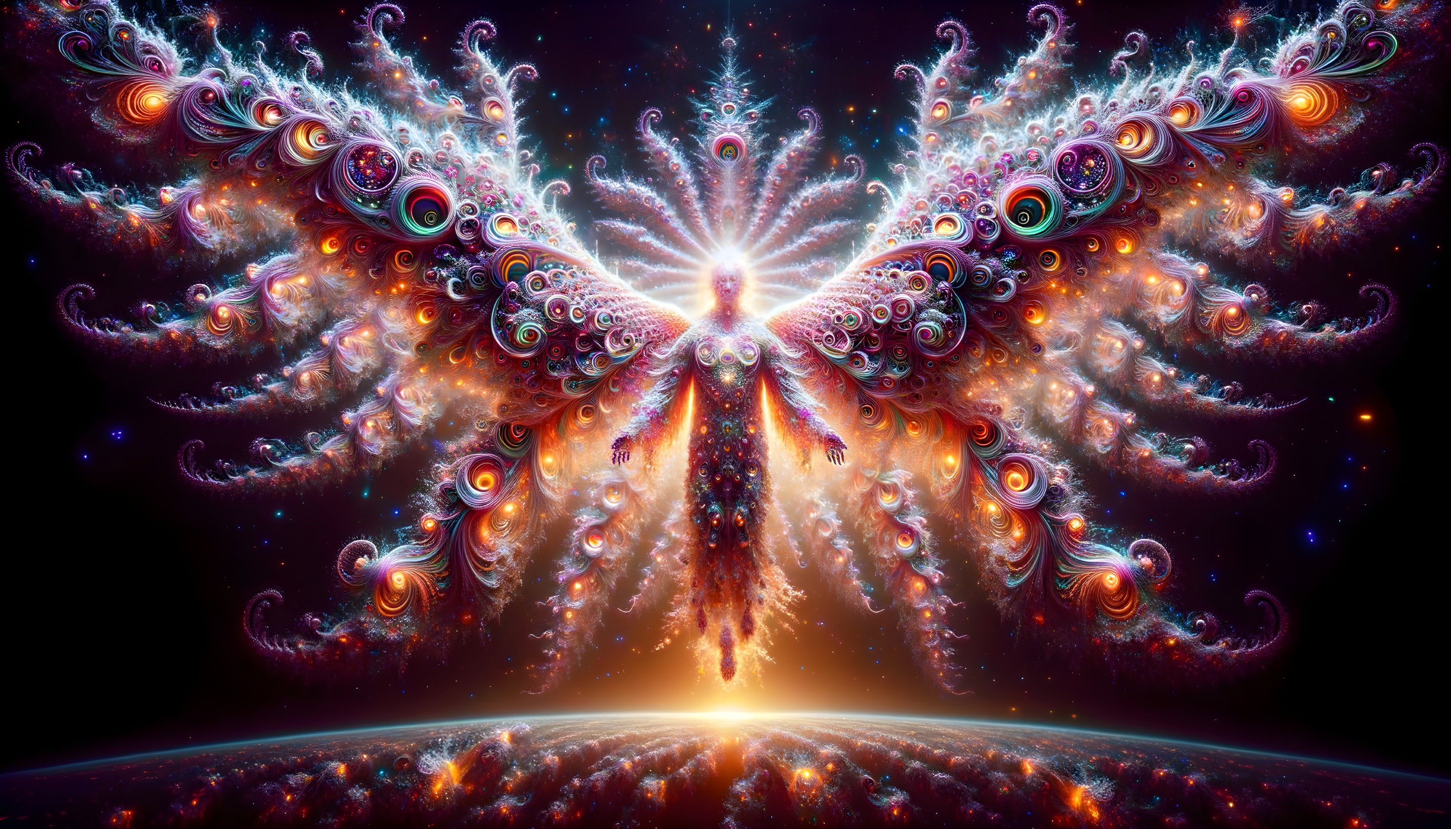 Symmetrical butterfly fractal with intricate patterns on starry backdrop