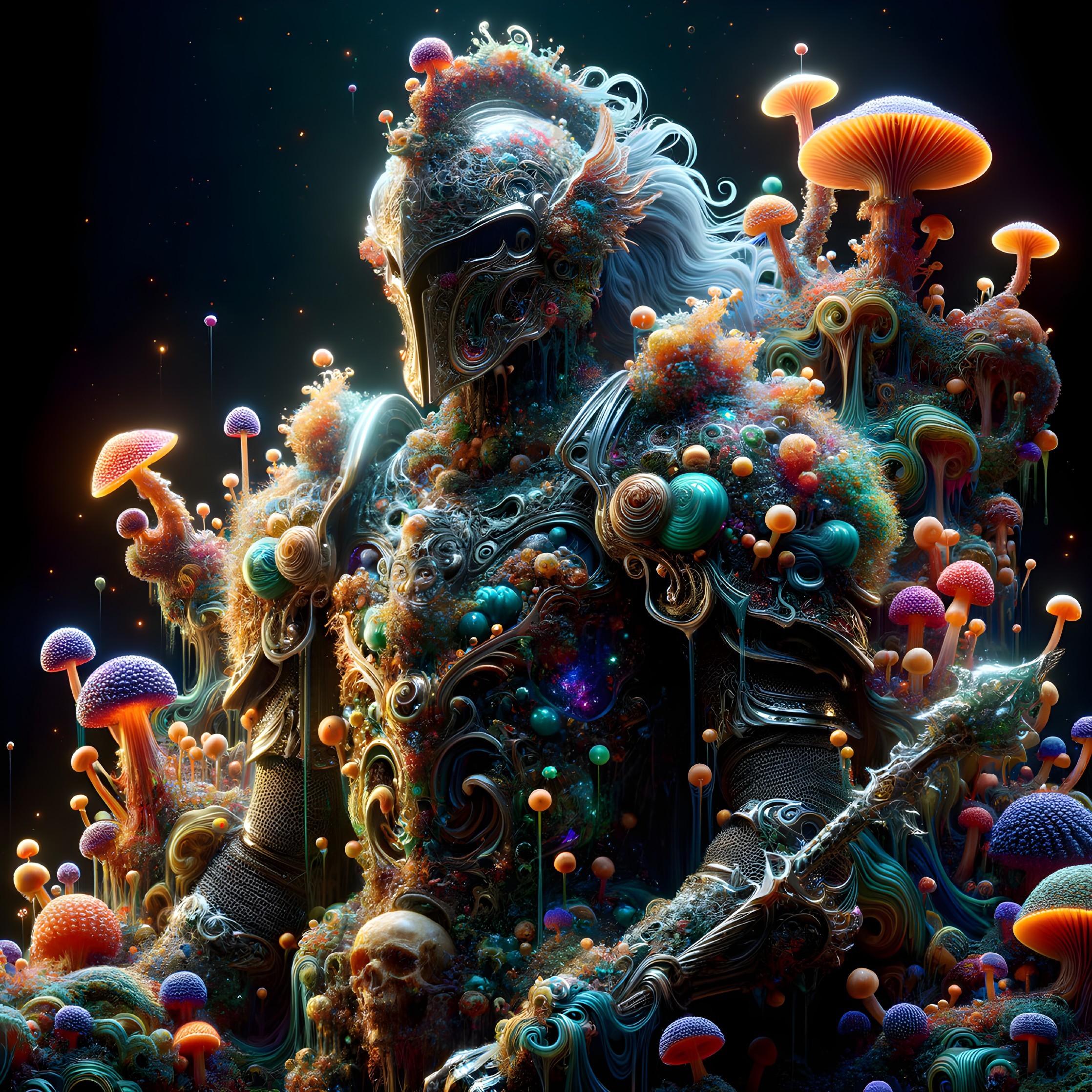 Colorful digital artwork: Armored figure with intricate designs, glowing mushrooms.