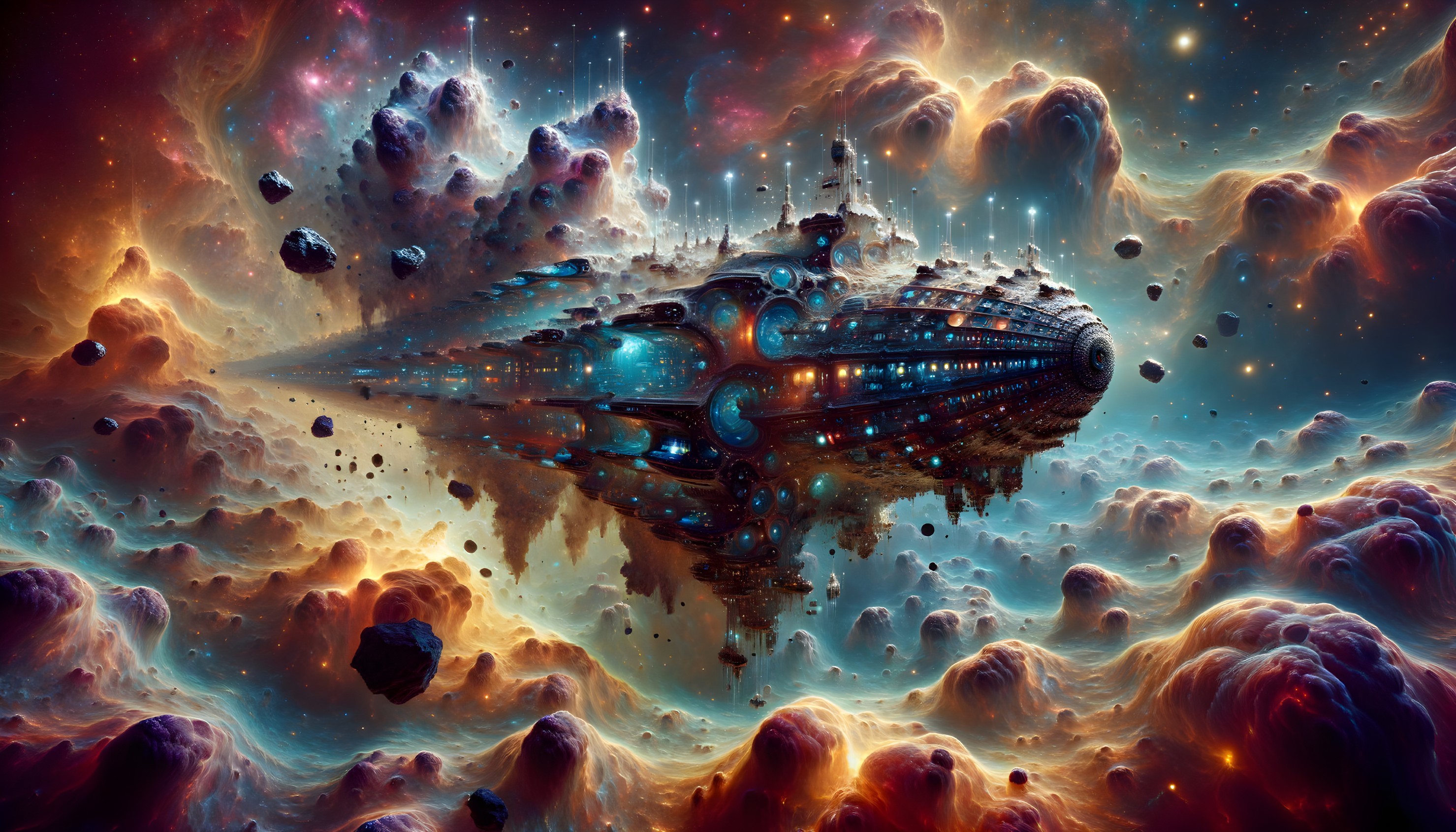 Majestic Spaceship in Vibrant Cosmic Landscape