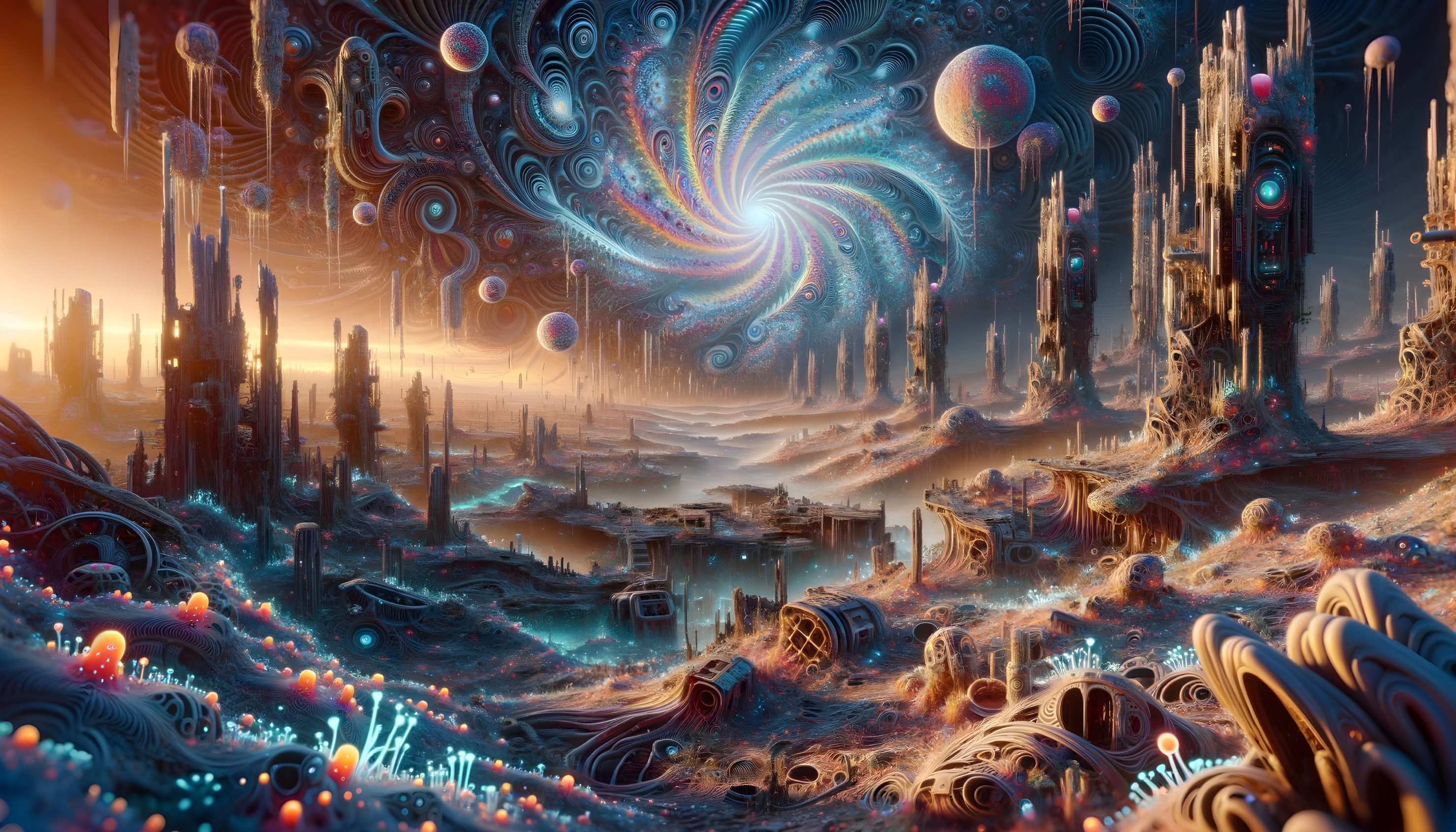 Futuristic landscape with swirling patterns, alien structures, and glowing orbs