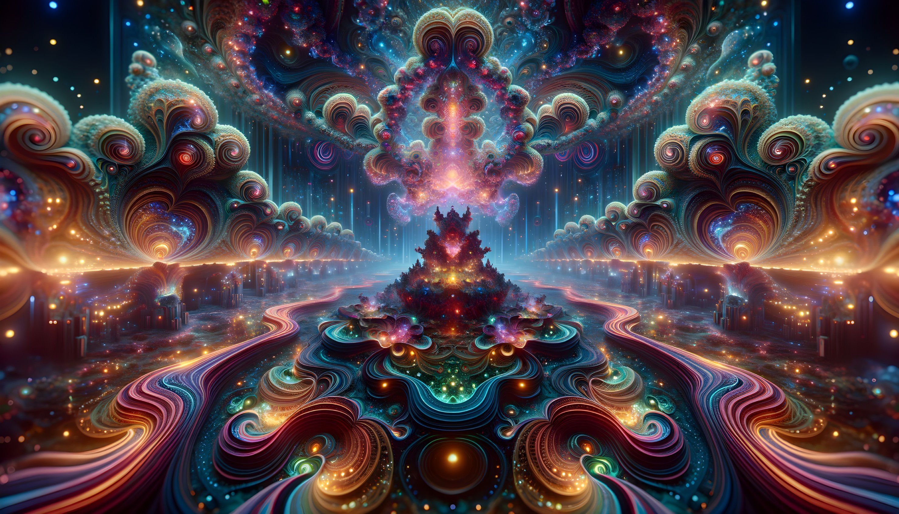 Symmetrical cosmic and aquatic fractal image in blues, reds, and golds