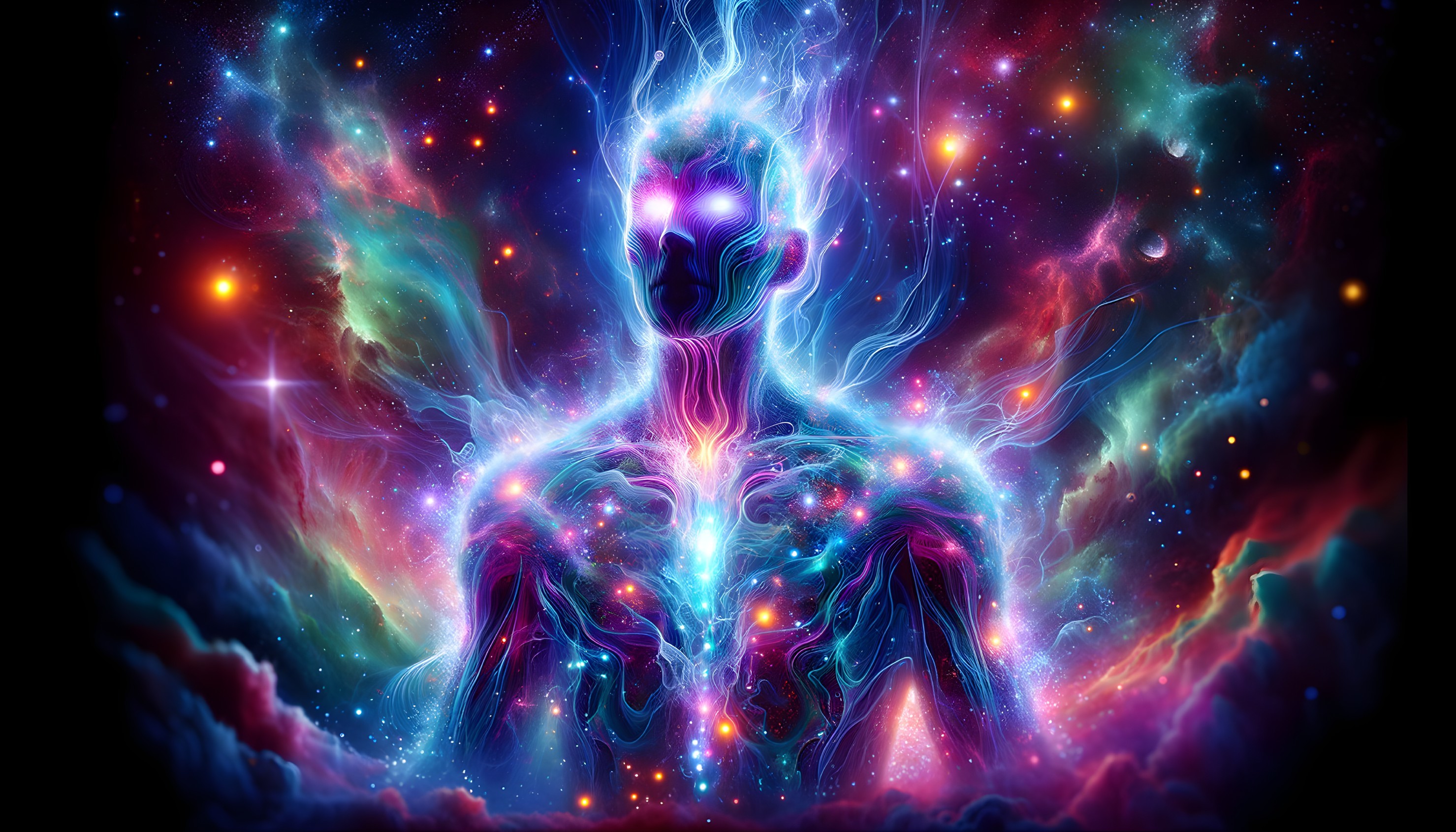 Luminous Figure in a Cosmic Colorful Backdrop