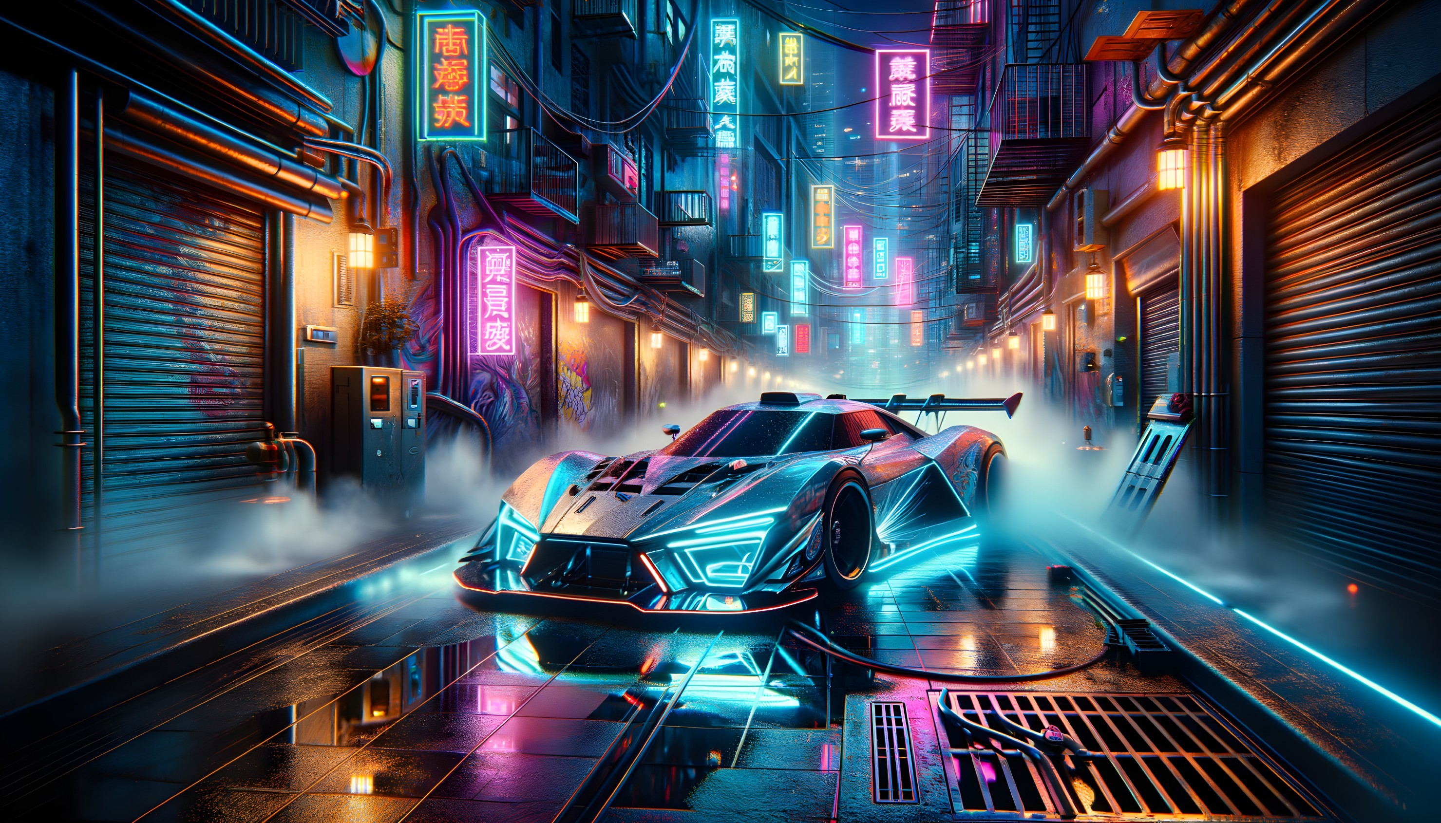Futuristic Neon Race Car in Cyberpunk Alleyway