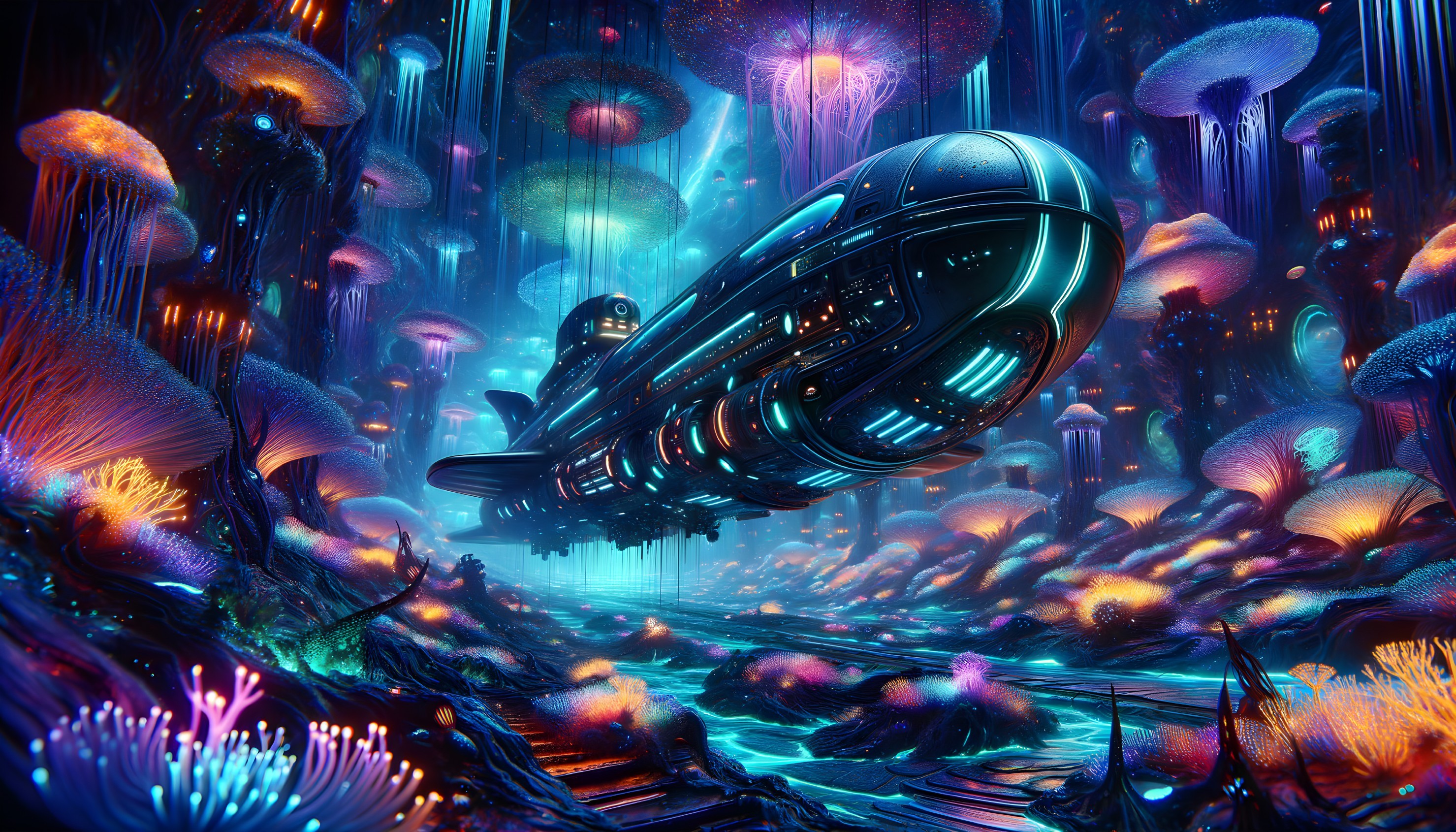 Futuristic Submarine in Bioluminescent Landscape