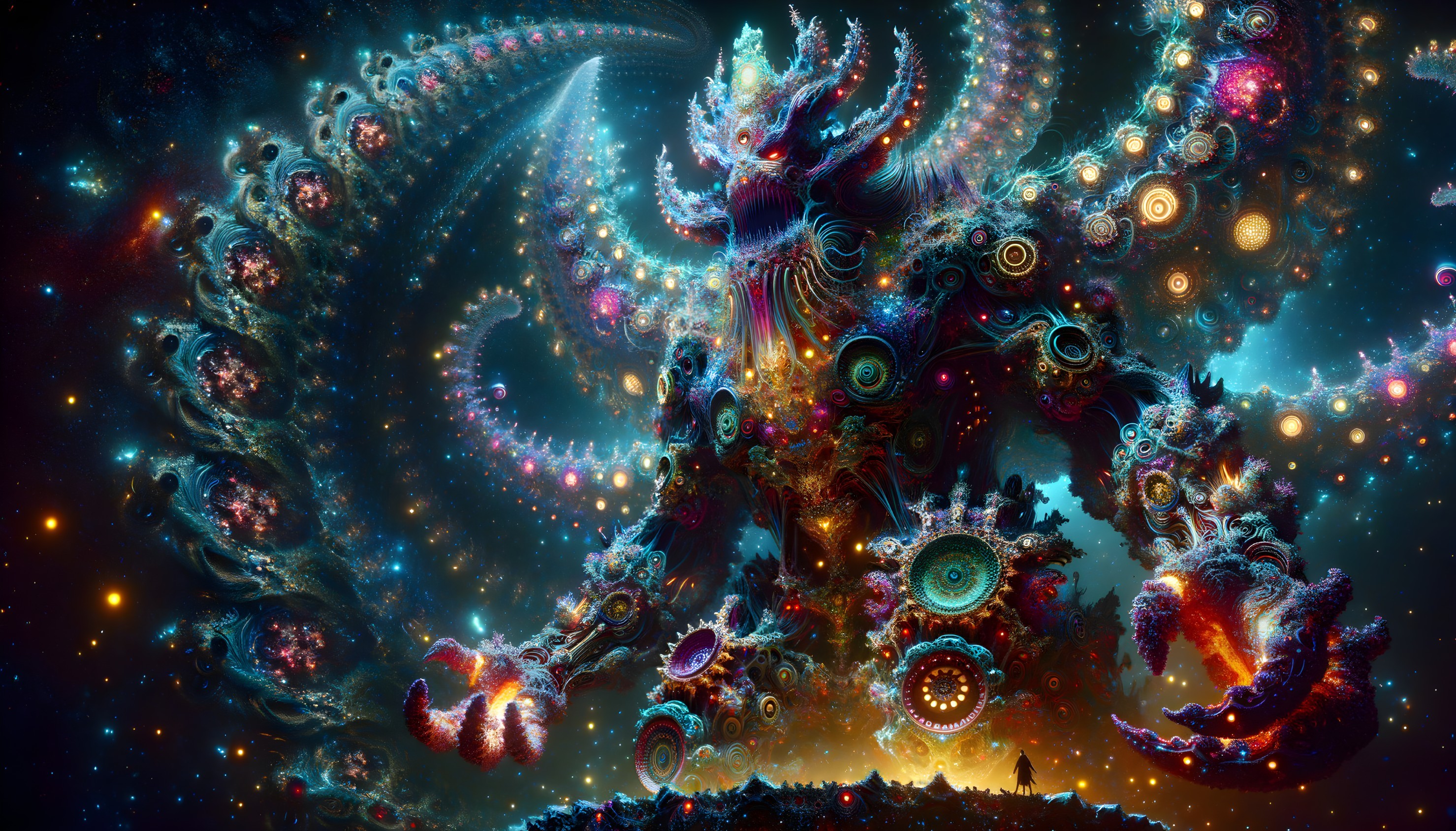 Colorful Fractal-Like Image of Cosmic Entity in Starry Backdrop