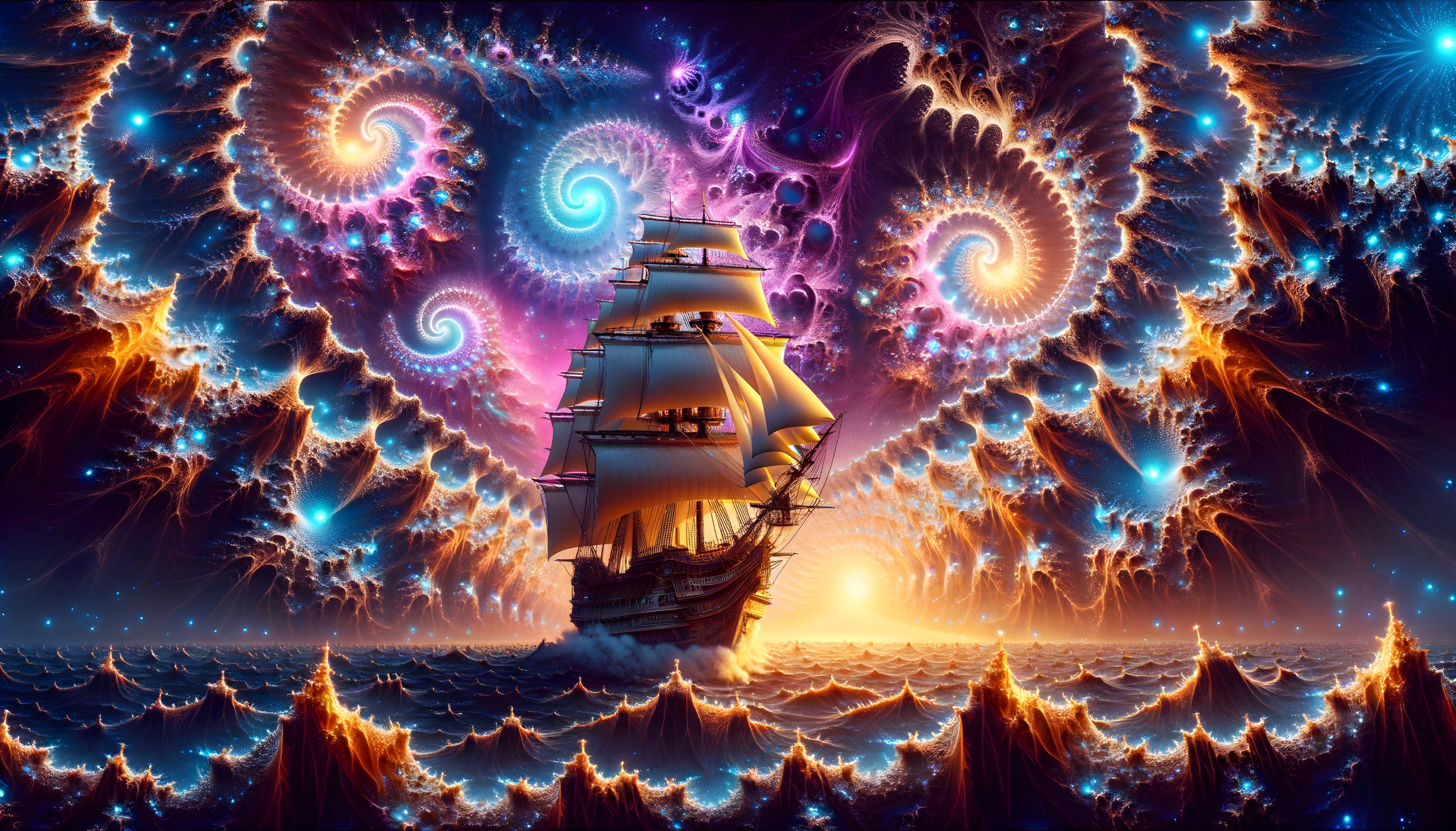 Vibrant fractal ocean with ship sailing at sunset or sunrise