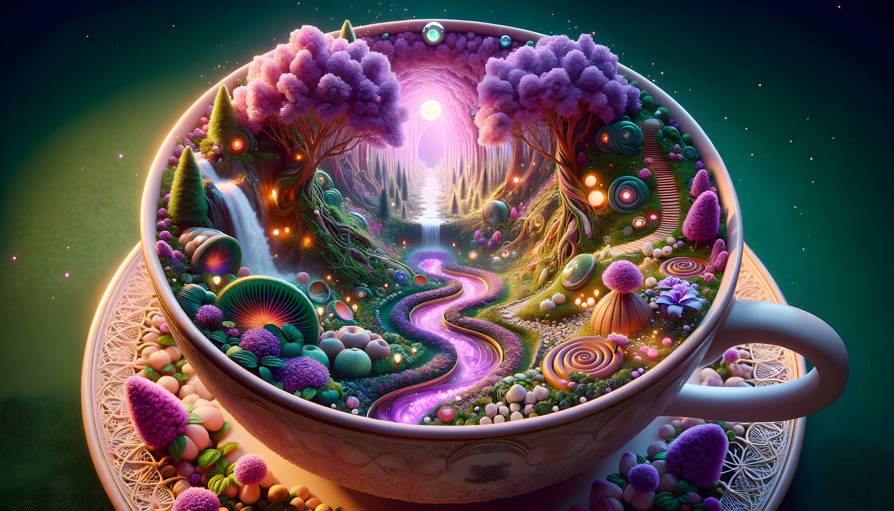 Vibrant Landscape Inside a Teacup with Whimsical Features