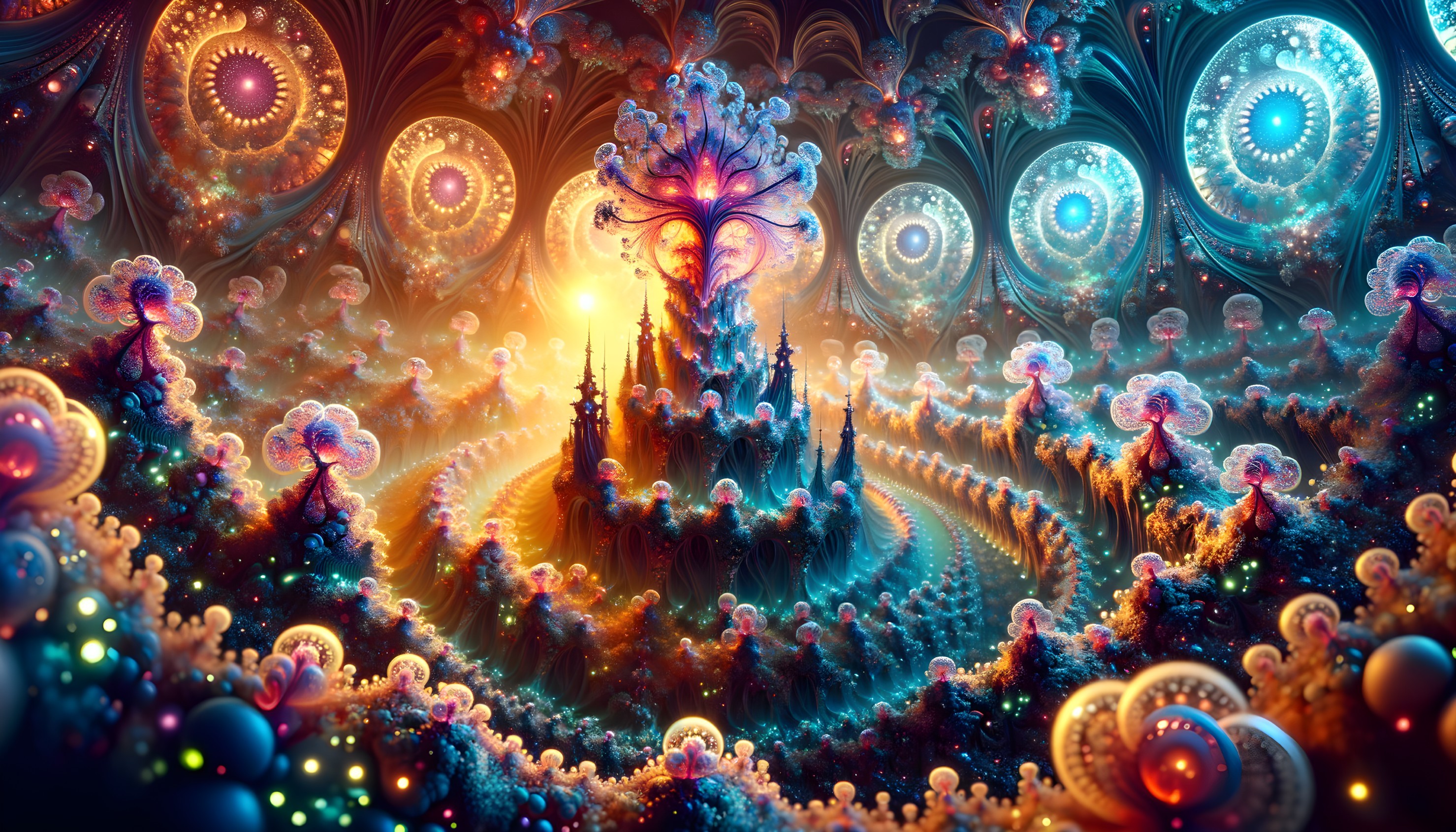 Colorful fractal landscape with central tree-like structure and swirling patterns.