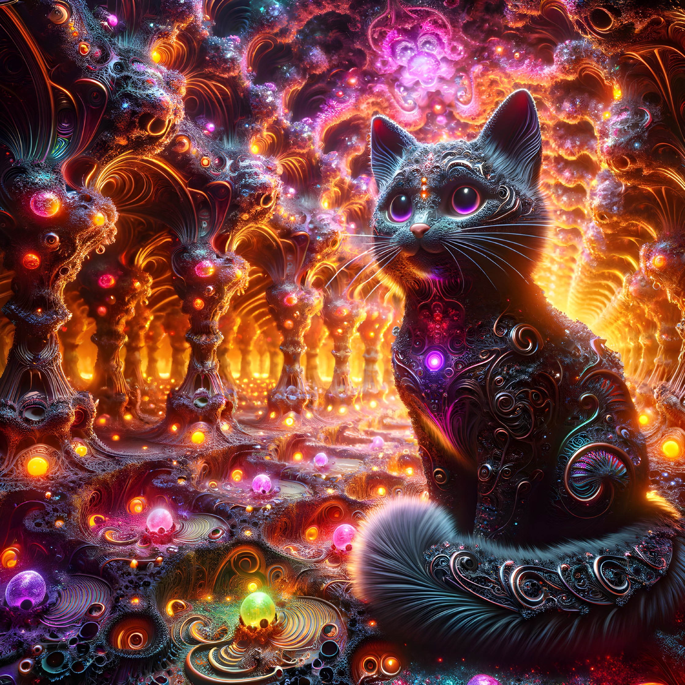 Mystic patterned cat in vibrant, celestial backdrop