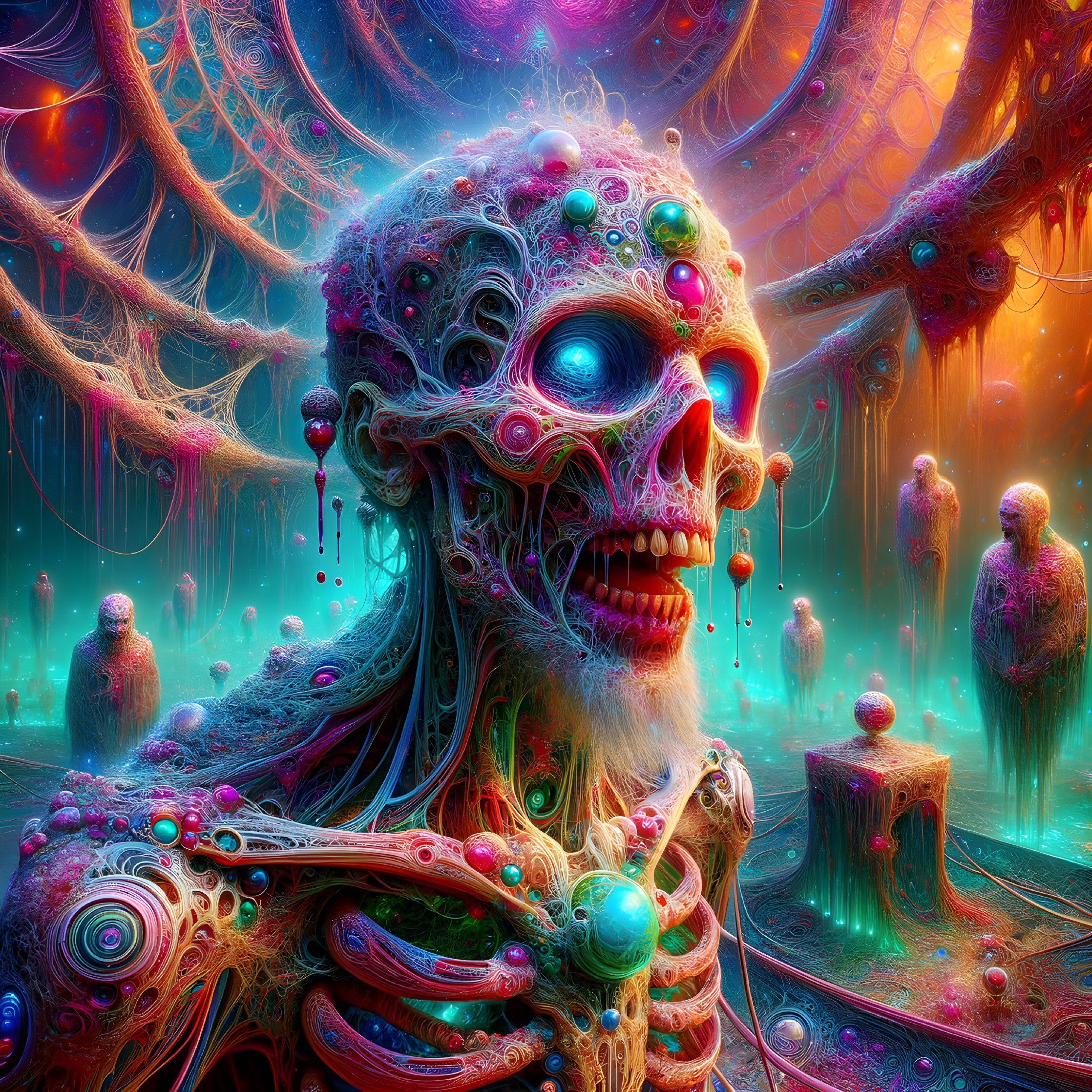 Surreal psychedelic art: skeletal figure in alien landscape