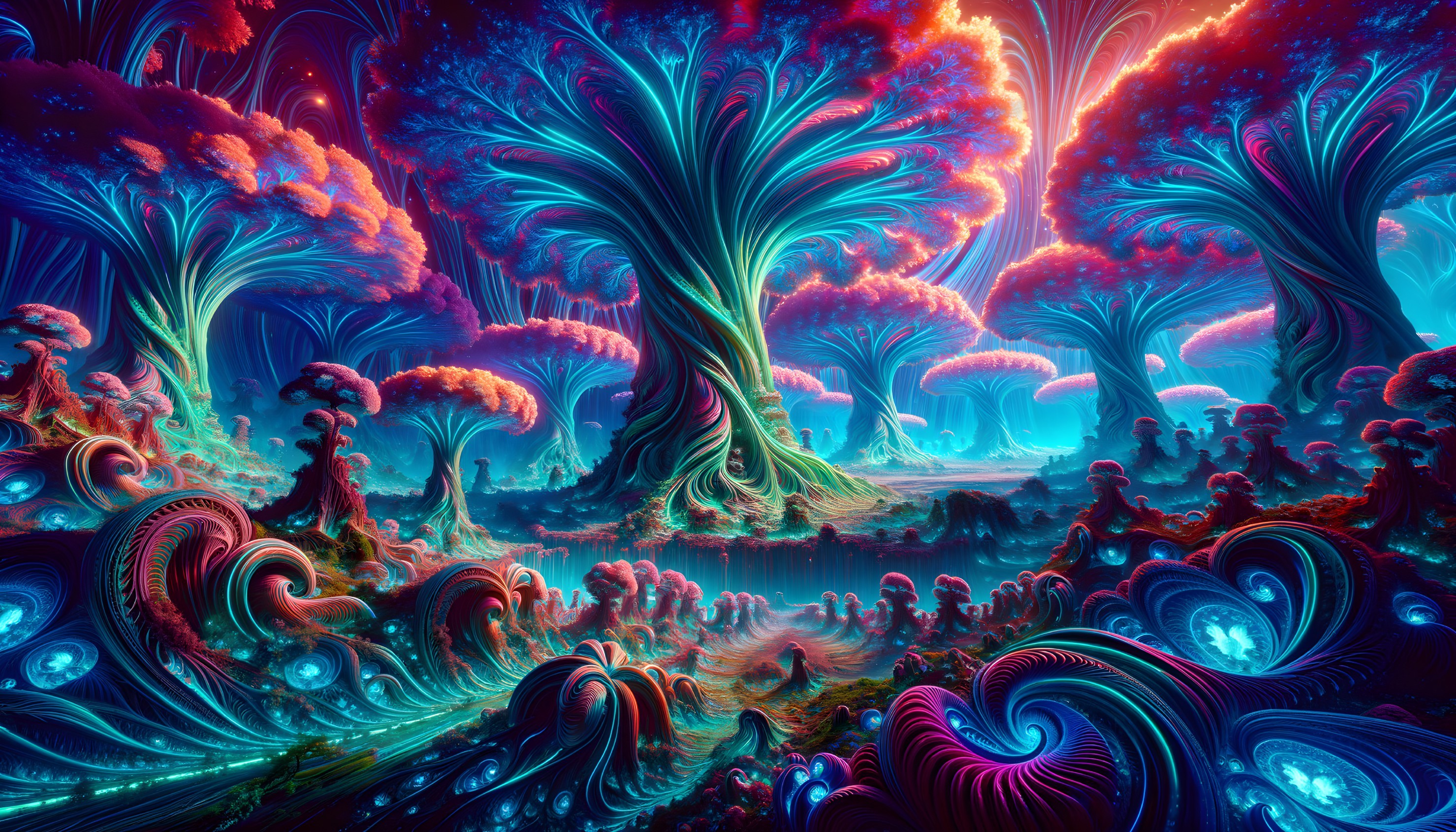 Surreal Landscape with Luminescent Trees and Water