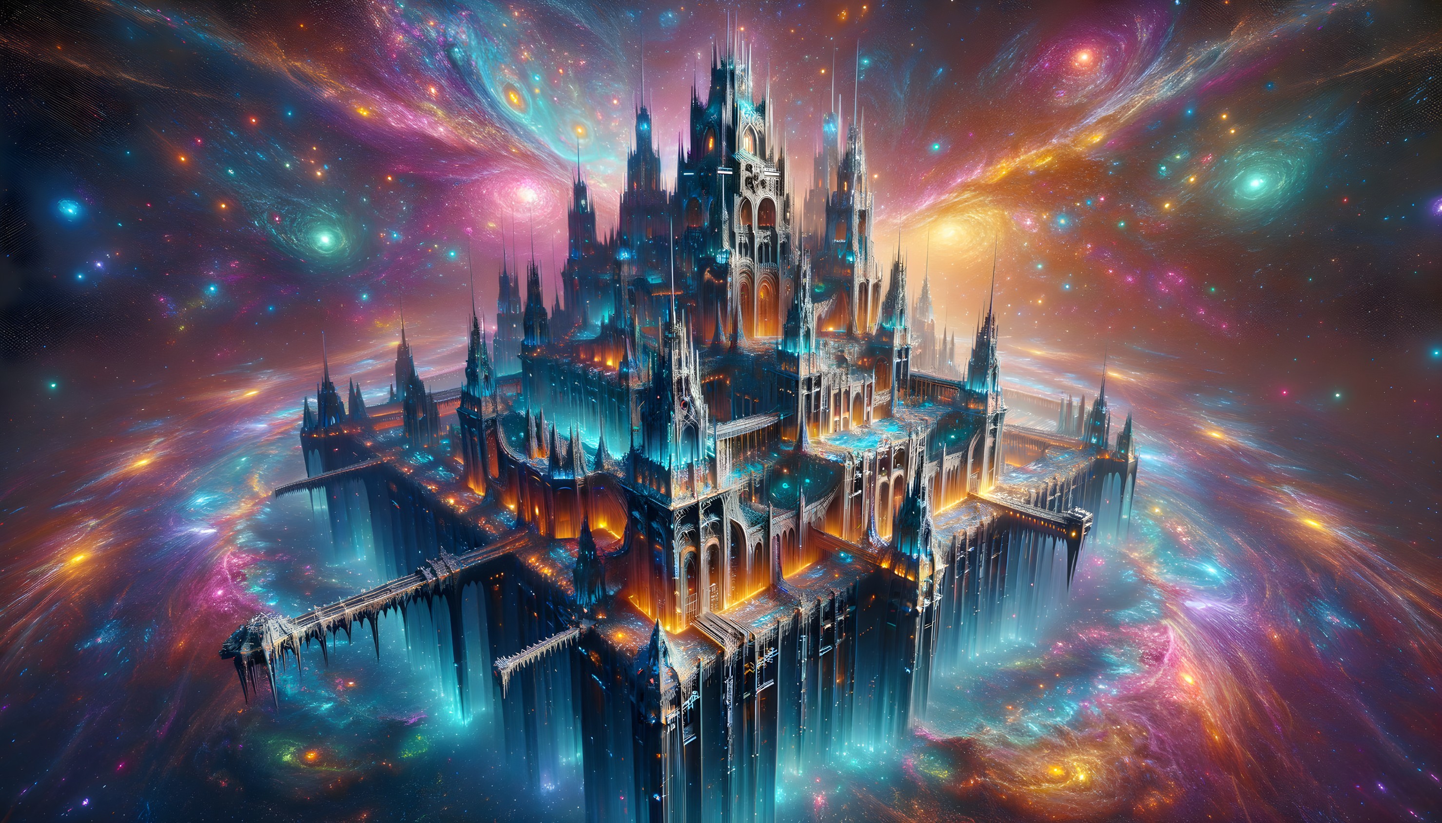 Intricate spires and towers in cosmic backdrop