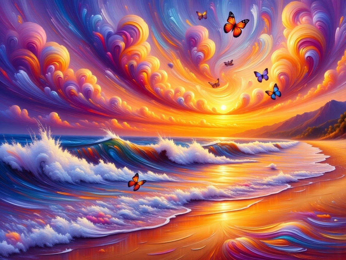 Vibrant Sunset Over Tranquil Ocean and Sandy Beach