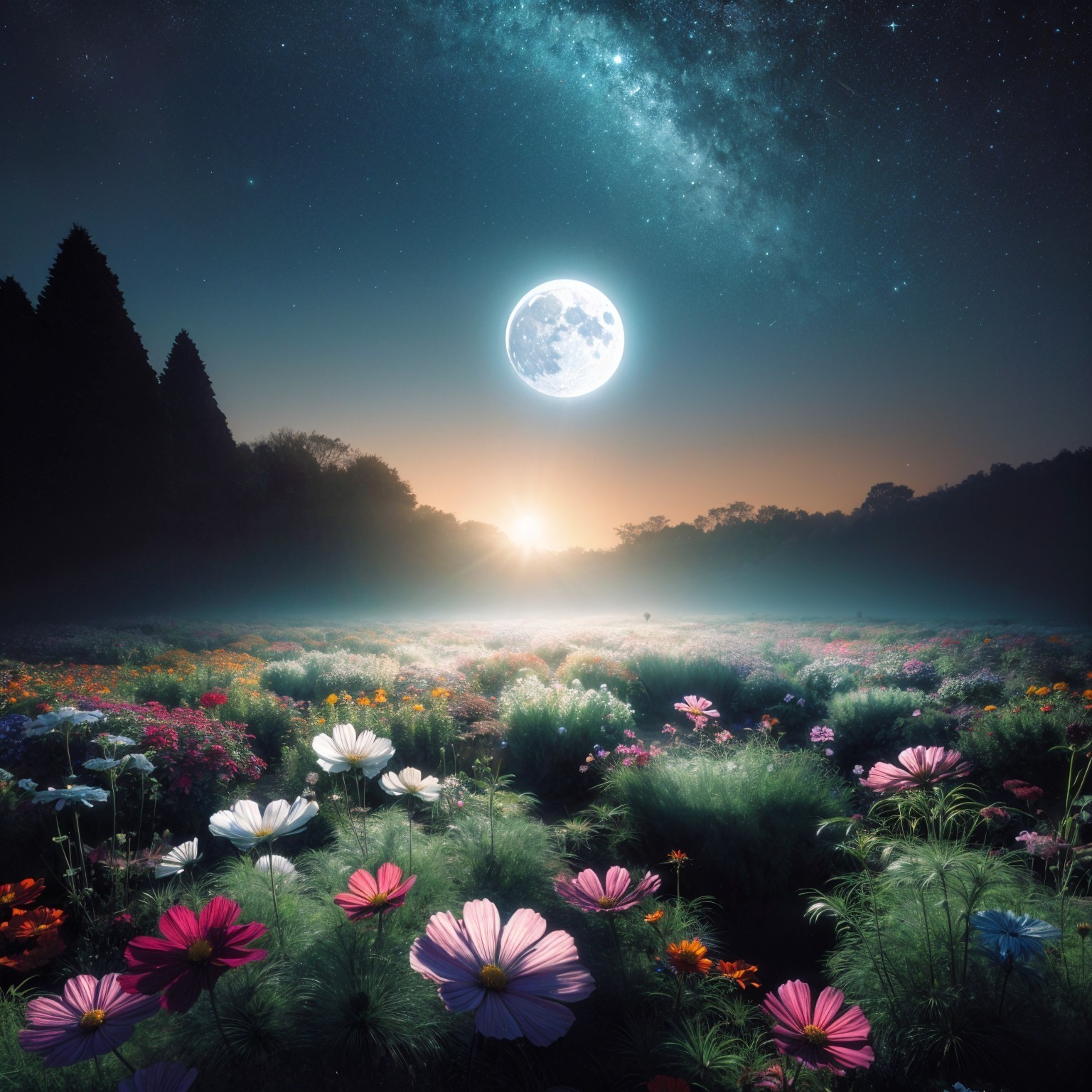 Starry Sky Over Vibrant Flower Field at Dawn