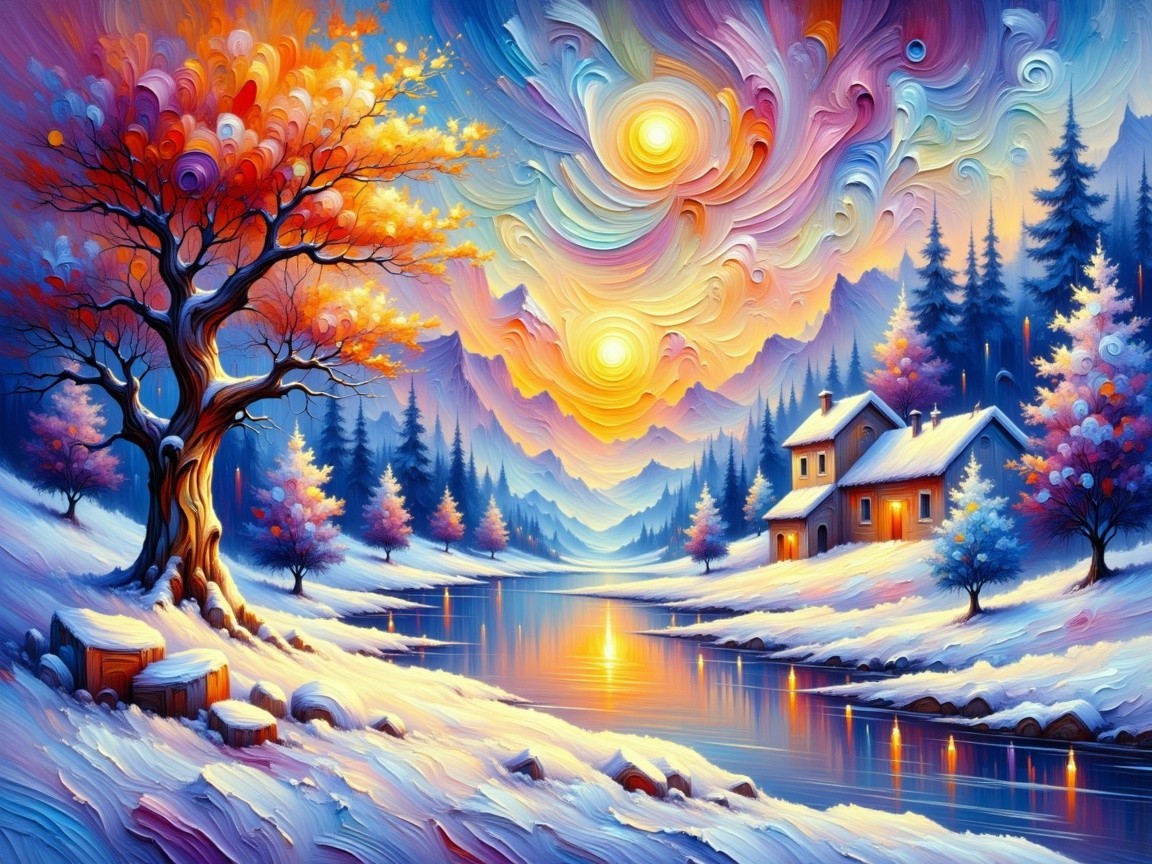 Whimsical Winter Landscape with Colorful Elements