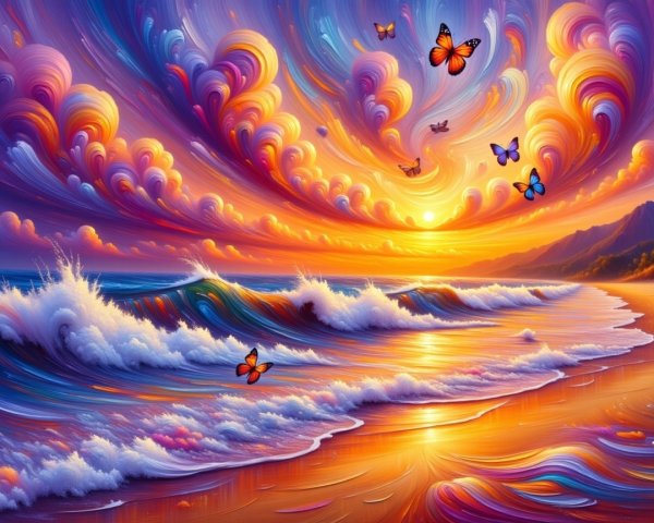 Vibrant Sunset Over Tranquil Ocean and Sandy Beach