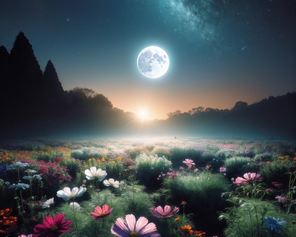 Starry Sky Over Vibrant Flower Field at Dawn