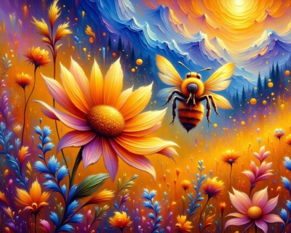 Surreal Landscape with Colorful Flowers and Sunset