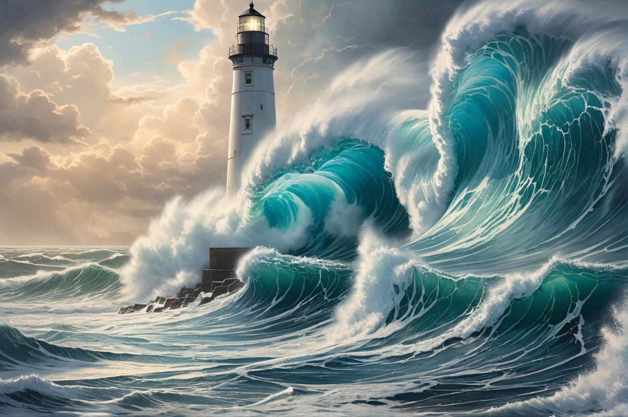 Dramatic Seascape with Lighthouse and Stormy Waves