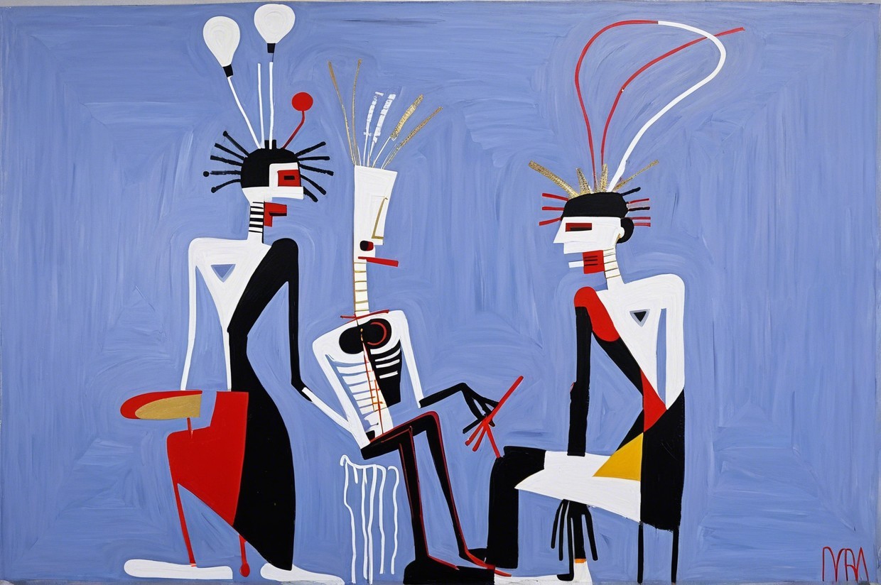Abstract Figures with Elongated Bodies on Blue Background