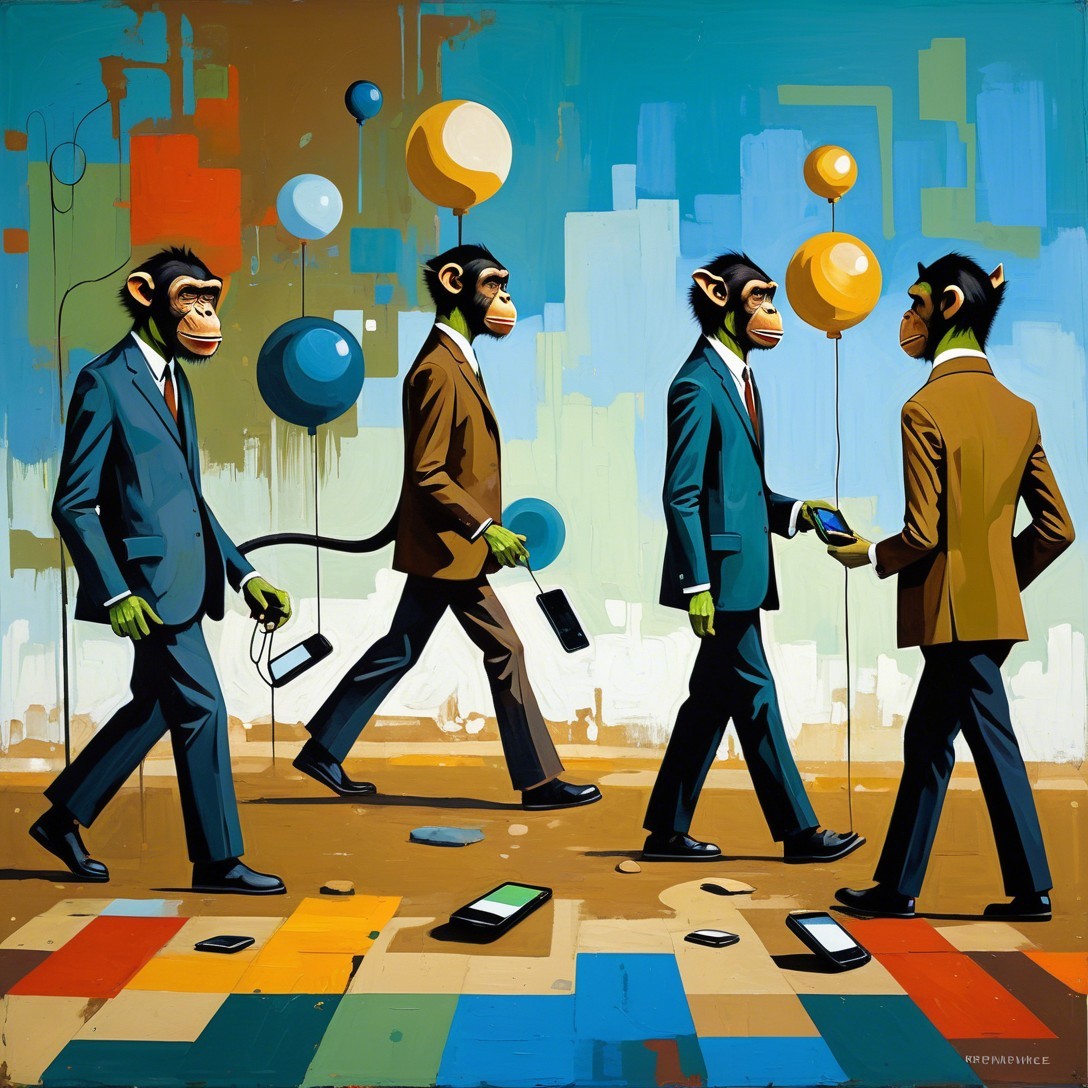 Chimpanzees in Business Attire Walking on a Street