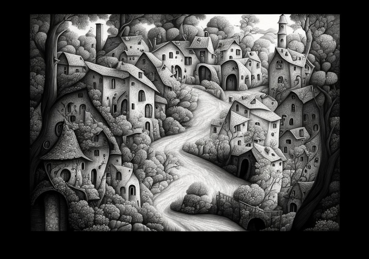 Whimsical Black-and-White Landscape of a Quaint Village