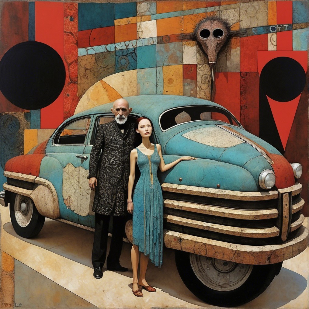 Surreal Artwork with Figures and Vintage Car Elements