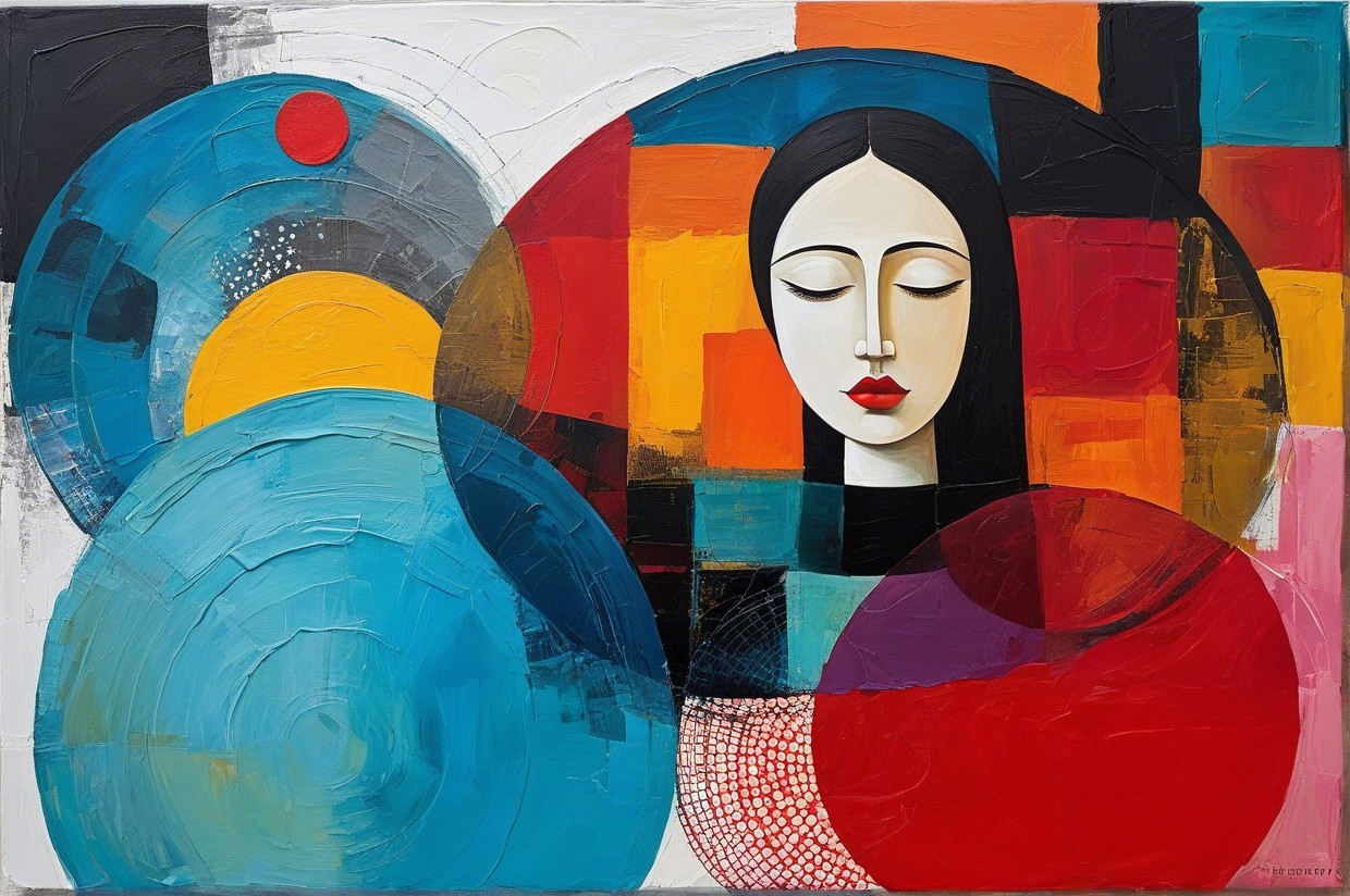 Stylized Female Figure Surrounded by Geometric Shapes