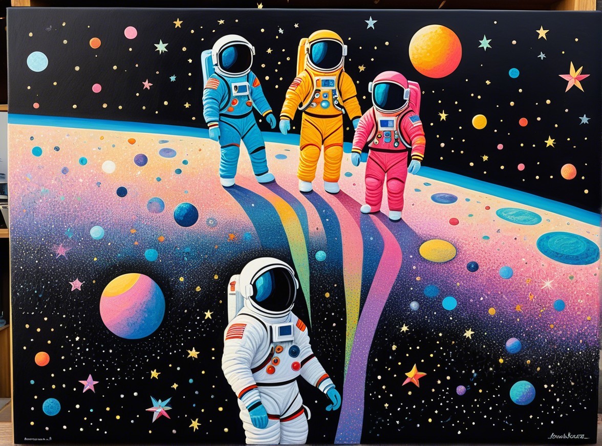 Astronauts on a Colorful Rainbow-Streaked Planet