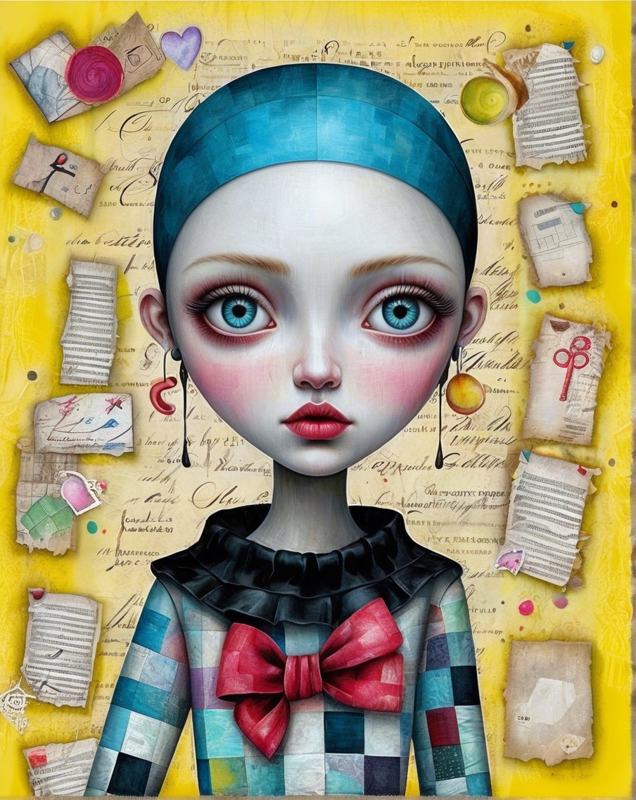 Stylized girl with blue eyes in checkered outfit