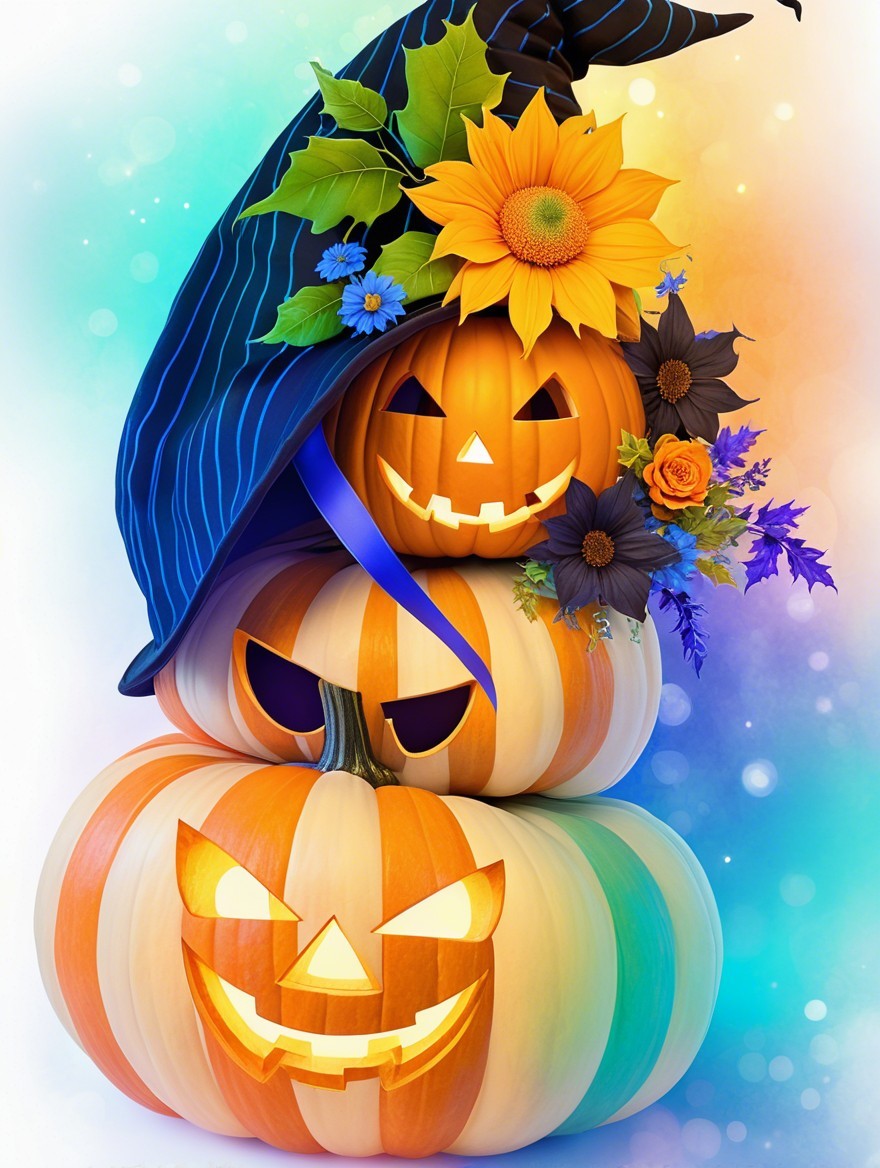 Stacked pumpkins with carved expressions and decorations