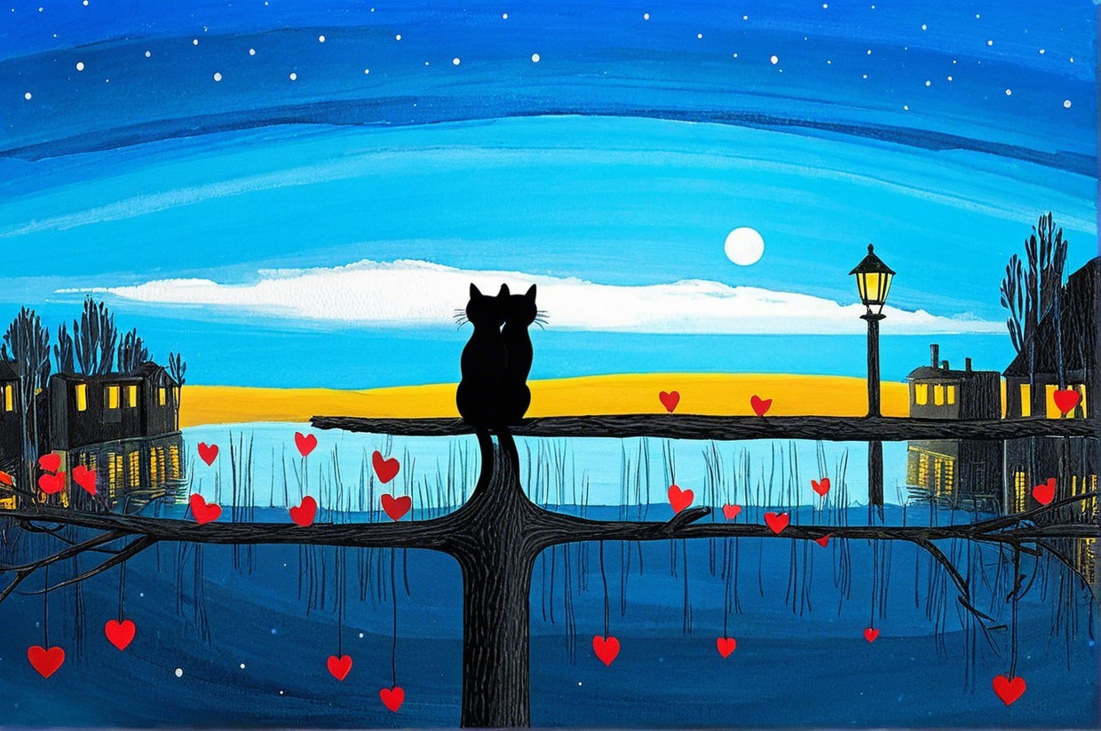 Serene landscape with cat silhouette and tranquil lake
