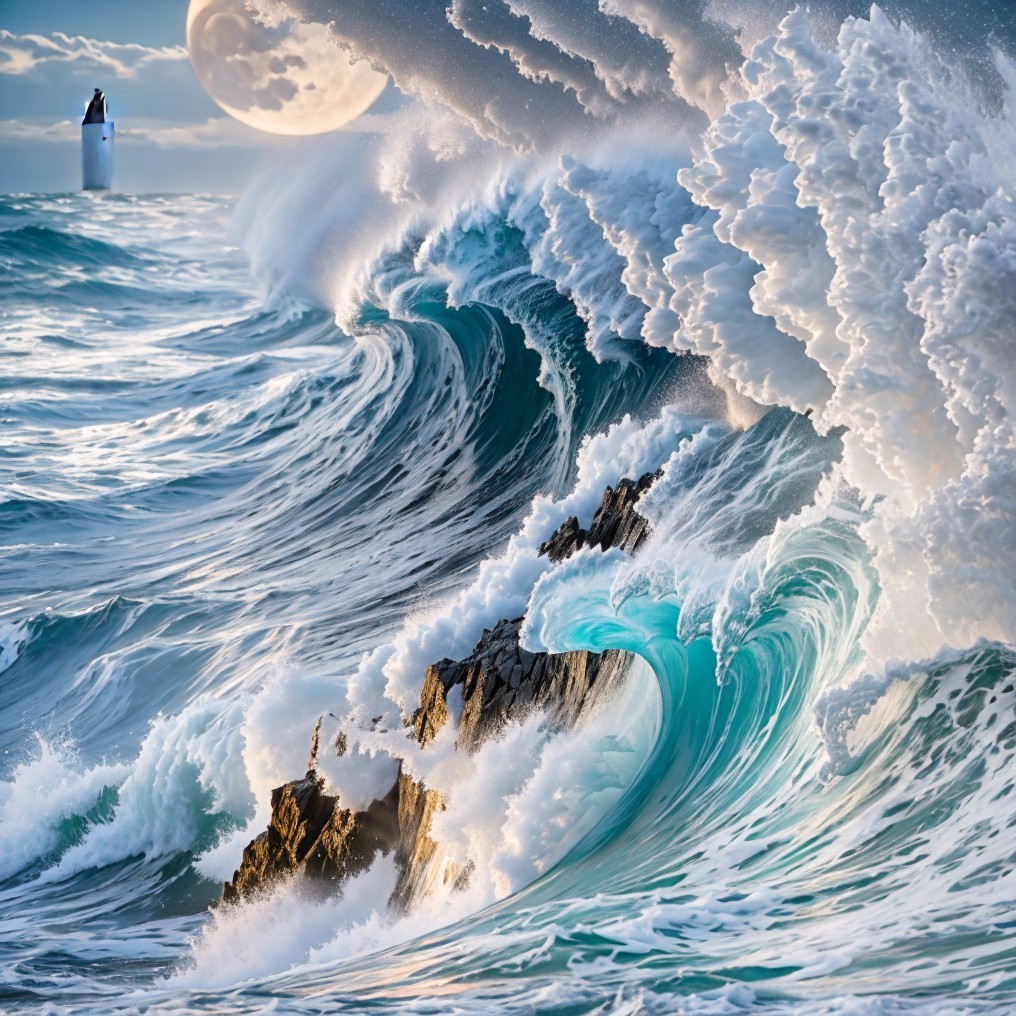 Dramatic Seascape with Waves and Lighthouse at Night