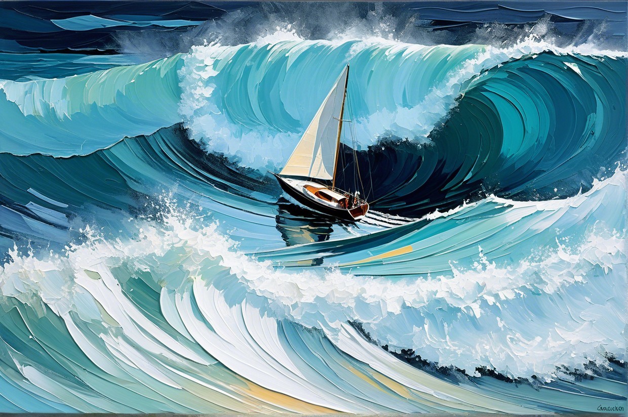 Seascape of a Sailboat Amidst Swirling Waves