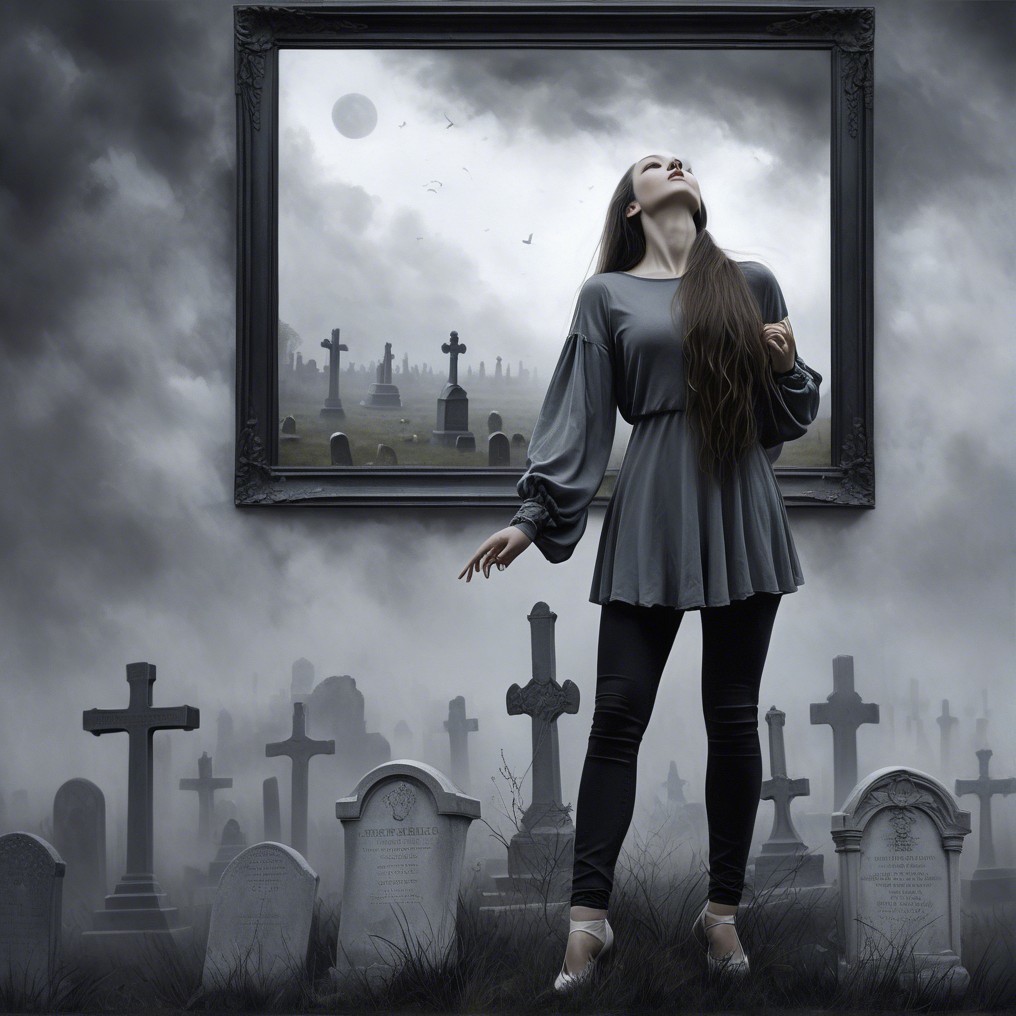 Woman in Gray Top in Misty Graveyard Scene