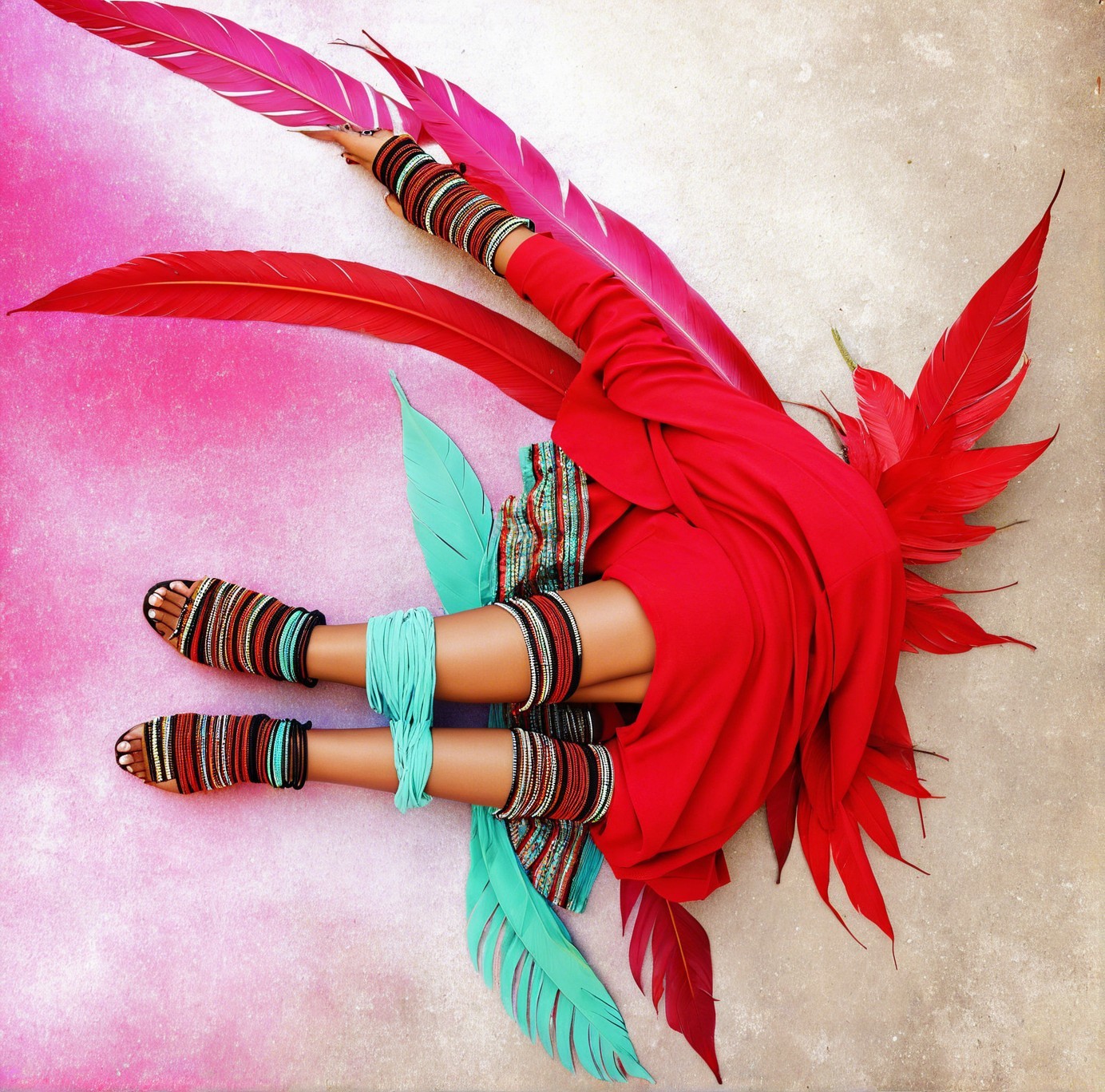 Person in Red Dress on Split-Color Background