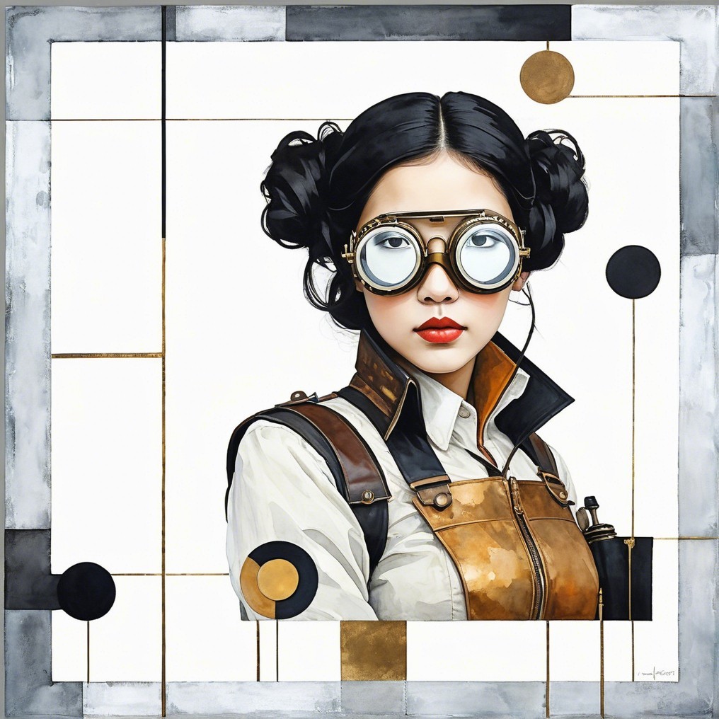 Young woman in steampunk outfit with geometric backdrop