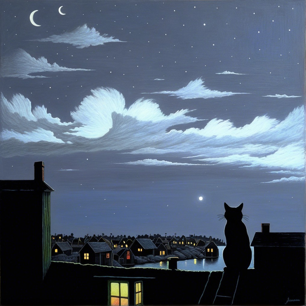 Black Cat on Rooftop Under Starry Night Sky