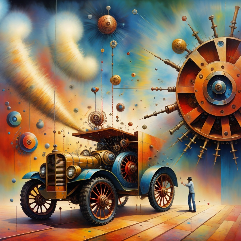 Vintage Car in Whimsical Steampunk Scene with Clouds