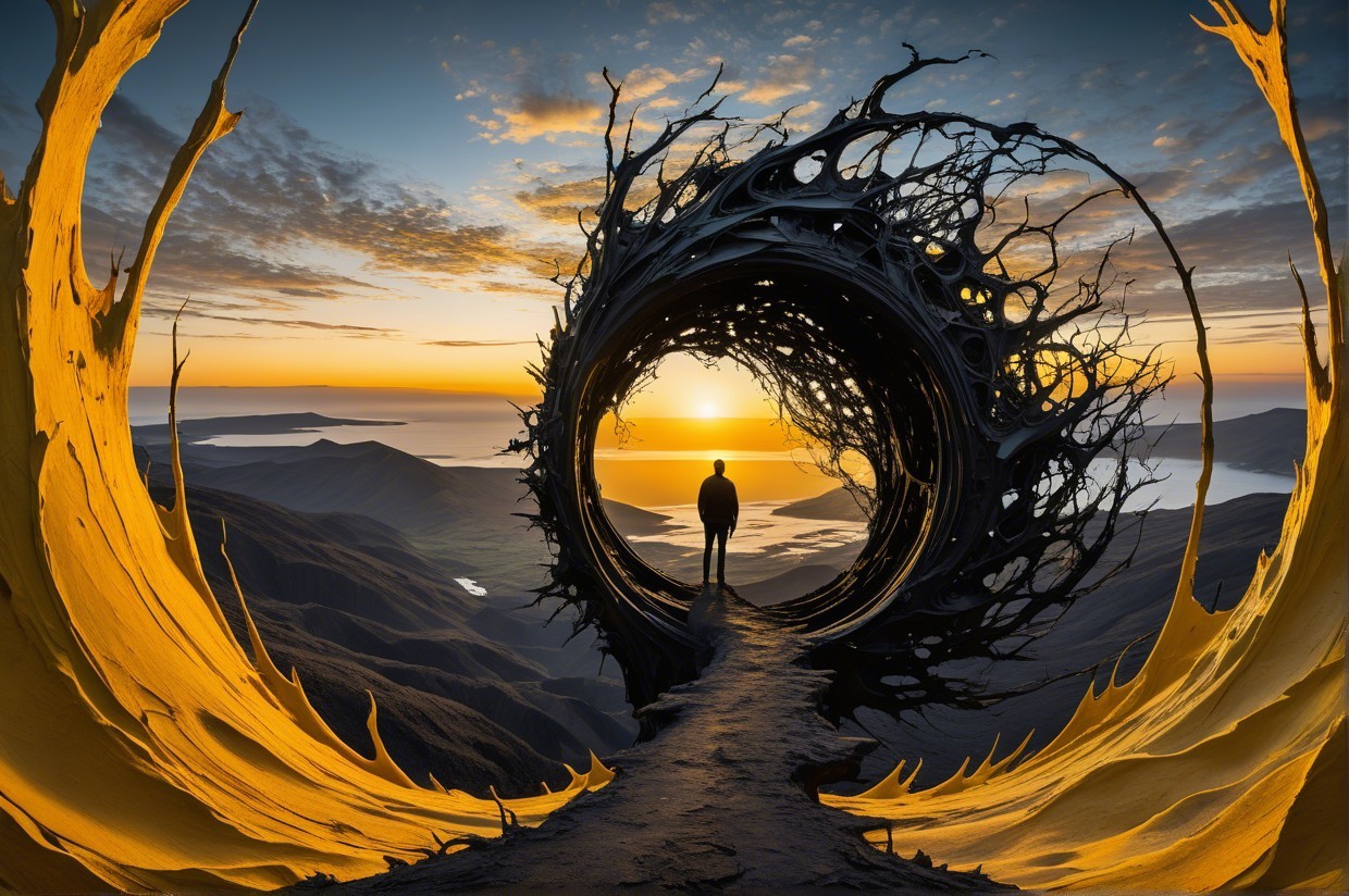 Lone Figure at Organic Portal with Sunset Background