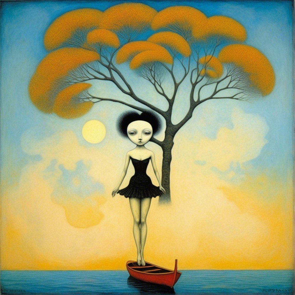 Surreal Scene of a Figure in a Boat with a Tree